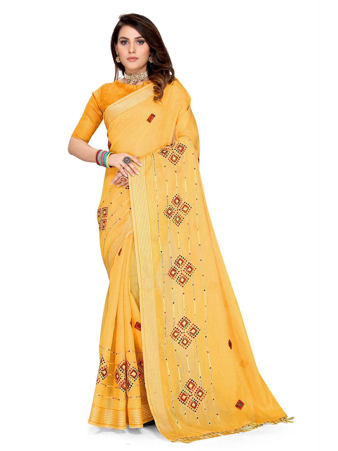 

Mitera Ethnic Motifs Embroidered Saree, Yellow