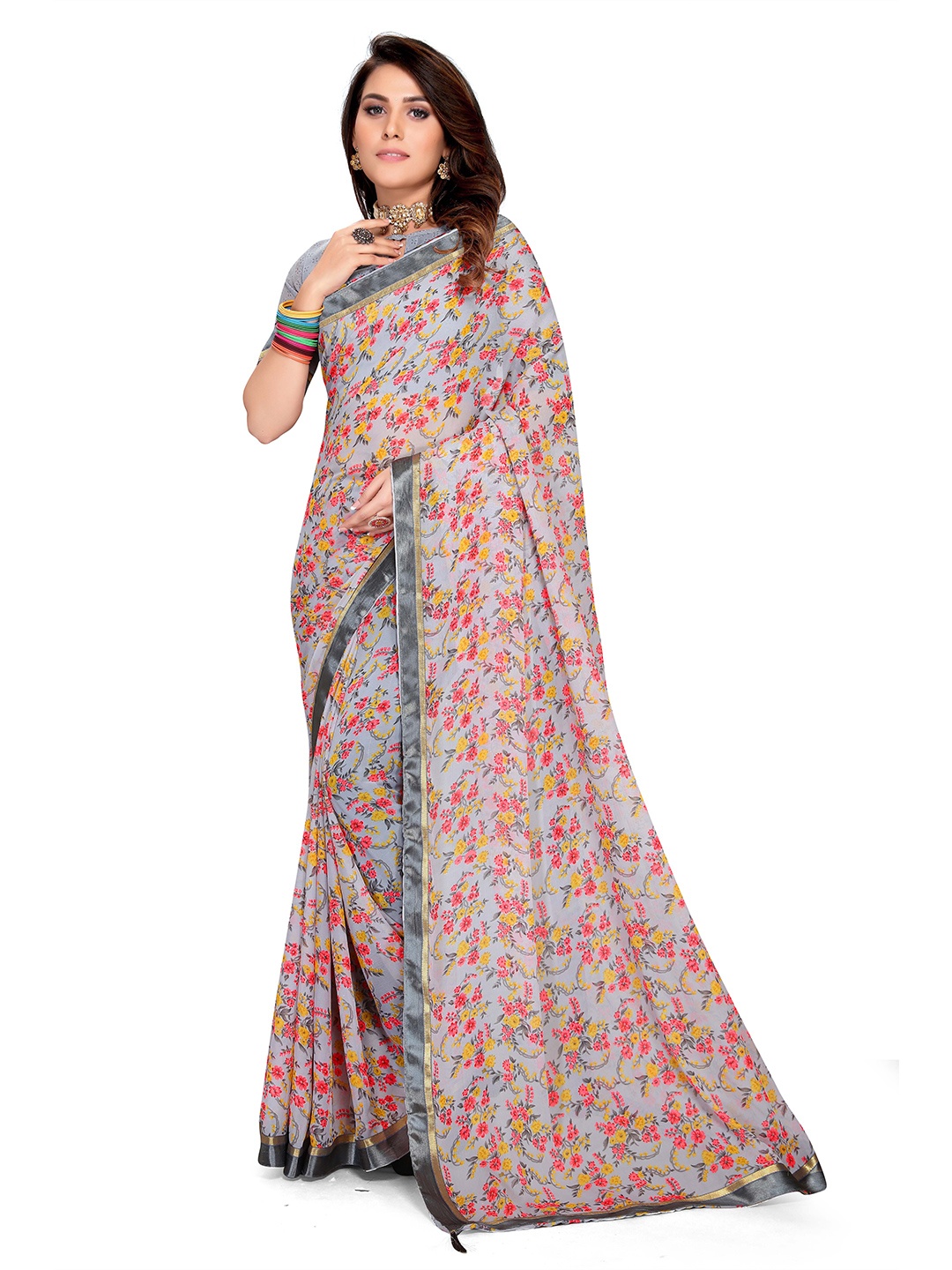 

Mitera Floral Printed Zari Georgette Saree, Grey