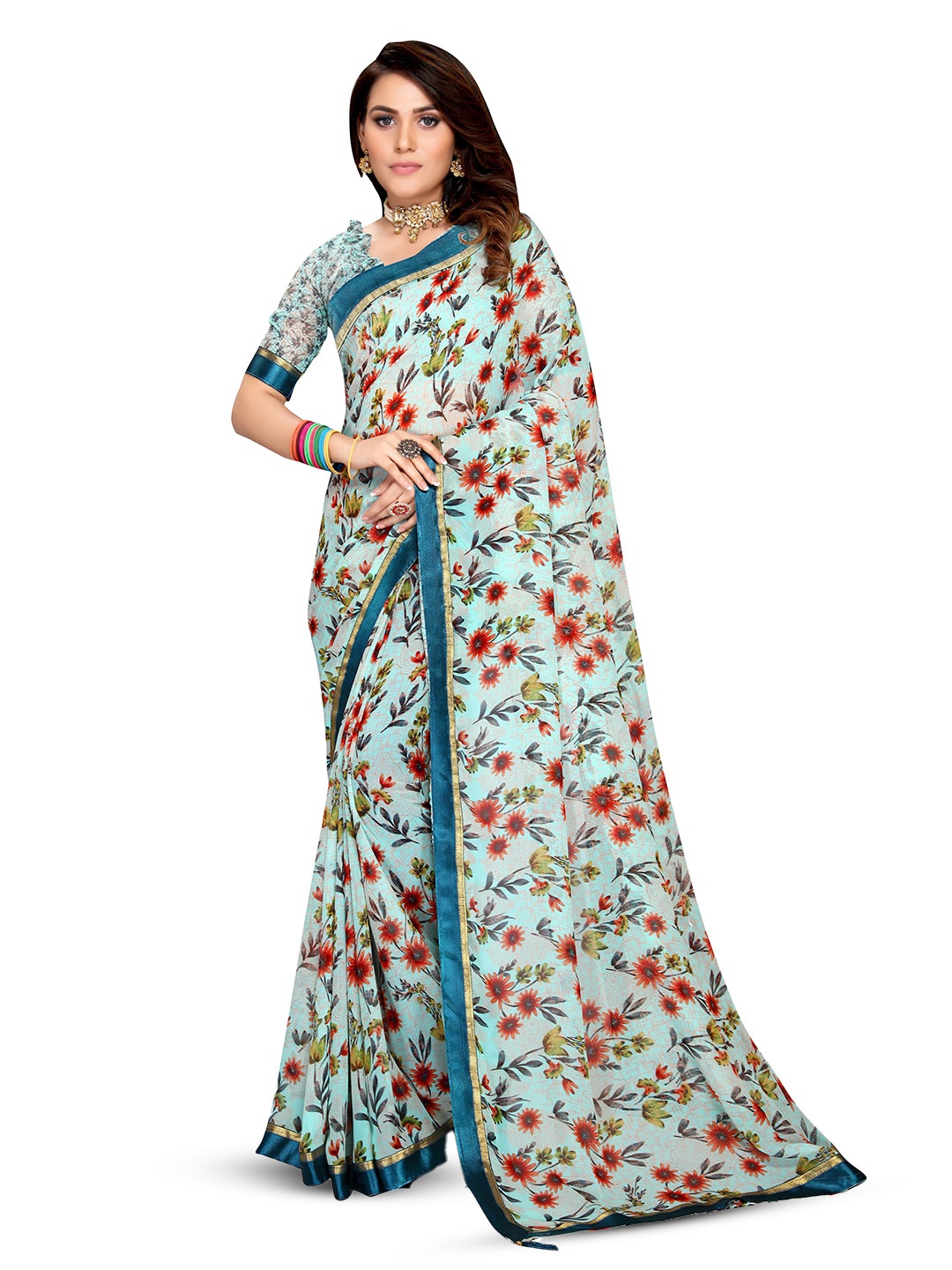 

Mitera Floral Printed Georgette Saree, Green