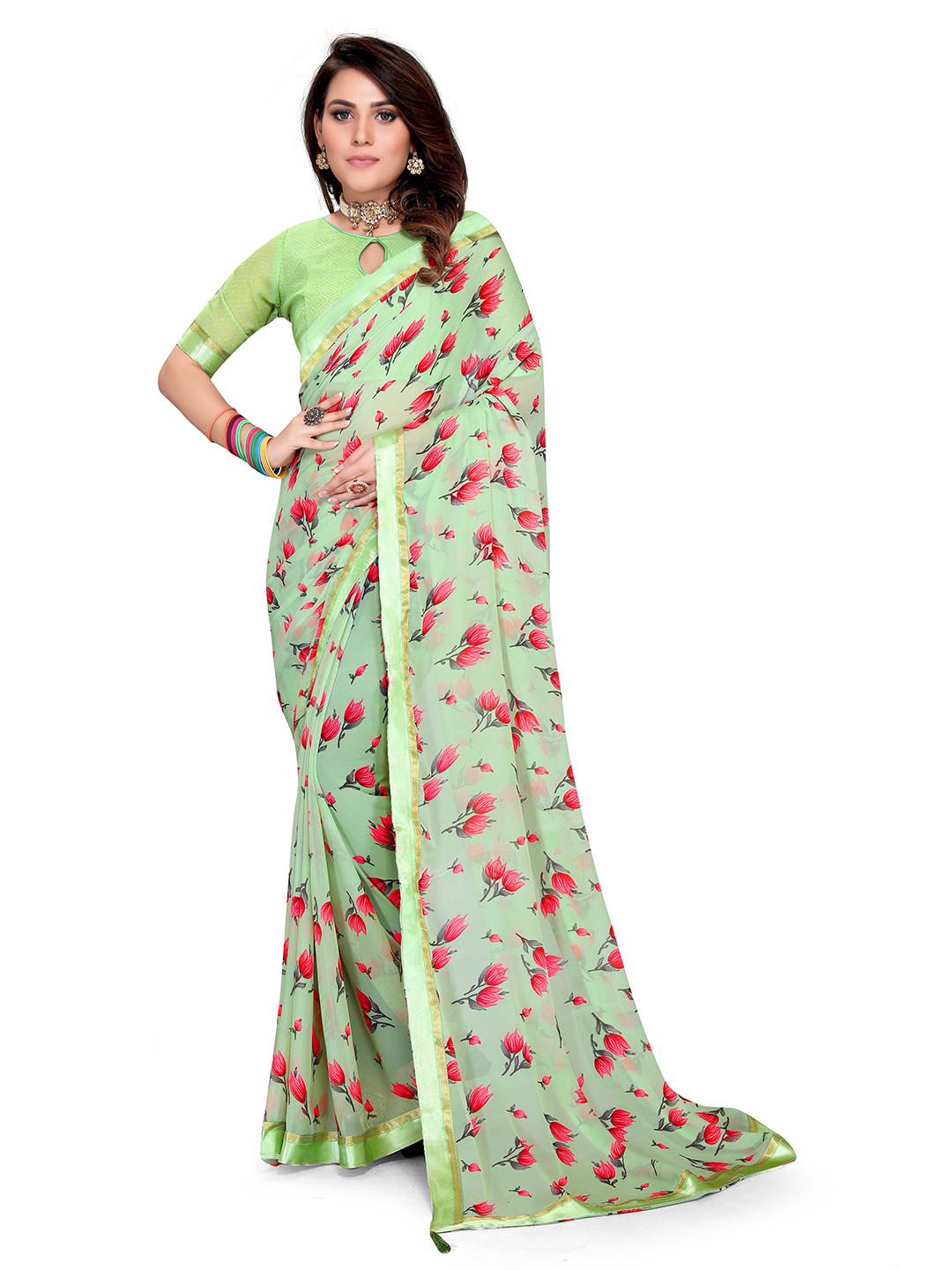 

Mitera Floral Printed Georgette Saree, Green