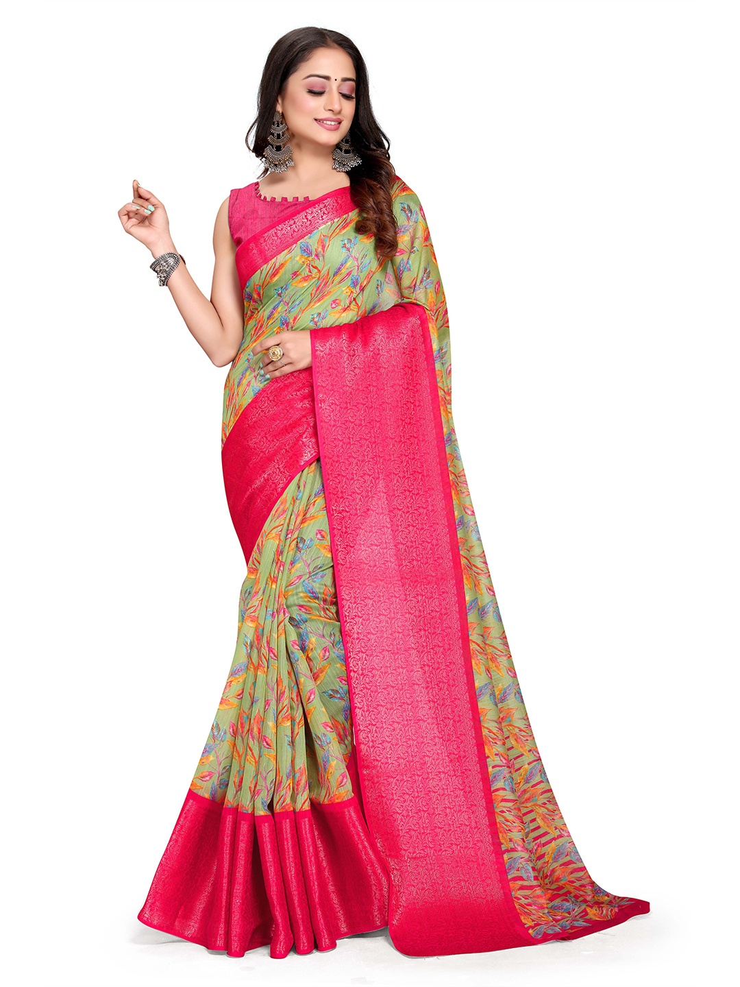 

Mitera Floral Printed Zari Cotton Saree, Green