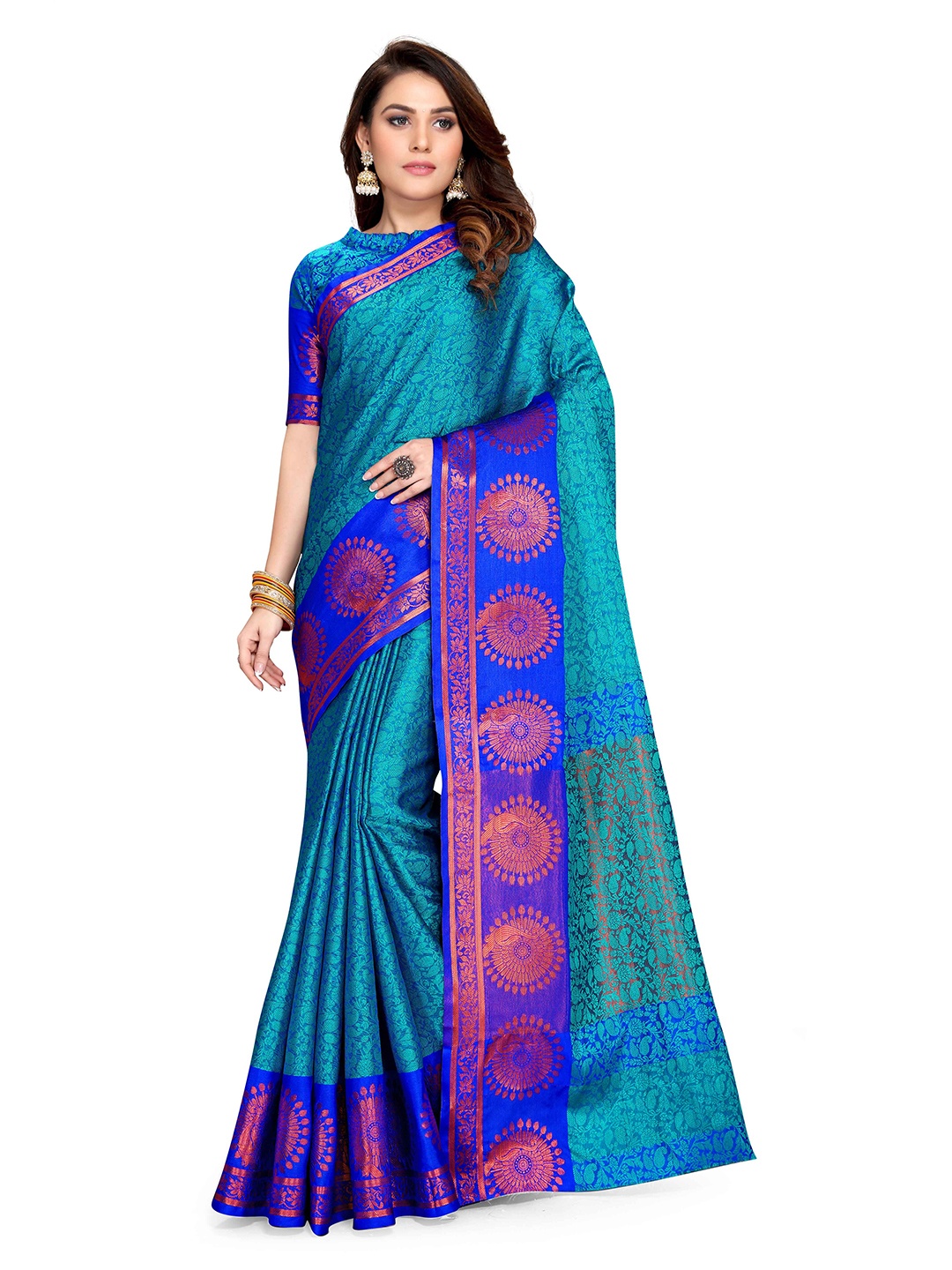 

Mitera Ethnic Motif Woven Design Zari Silk Saree, Turquoise blue