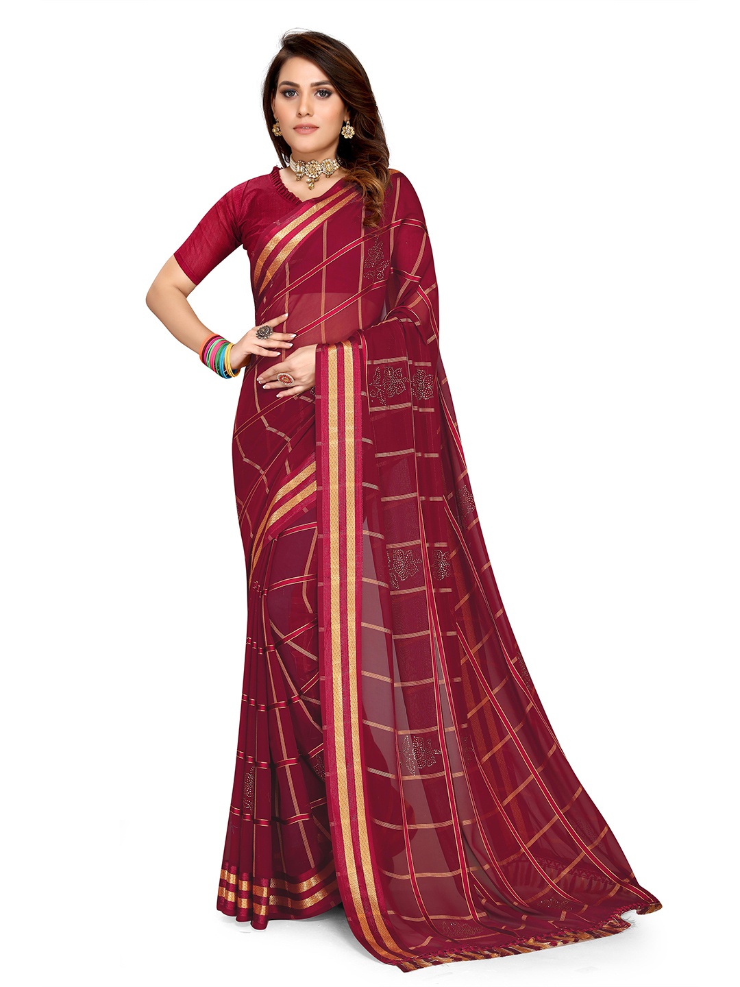 

Mitera Checked Embellished Zari Georgette Saree, Magenta