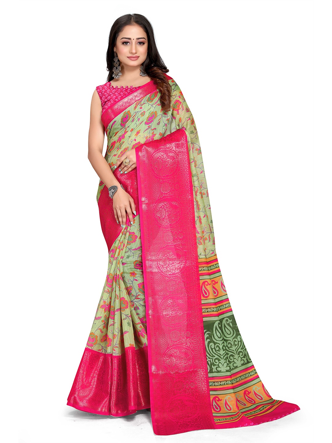 

Mitera Floral Woven Design Zari Cotton Saree, Green