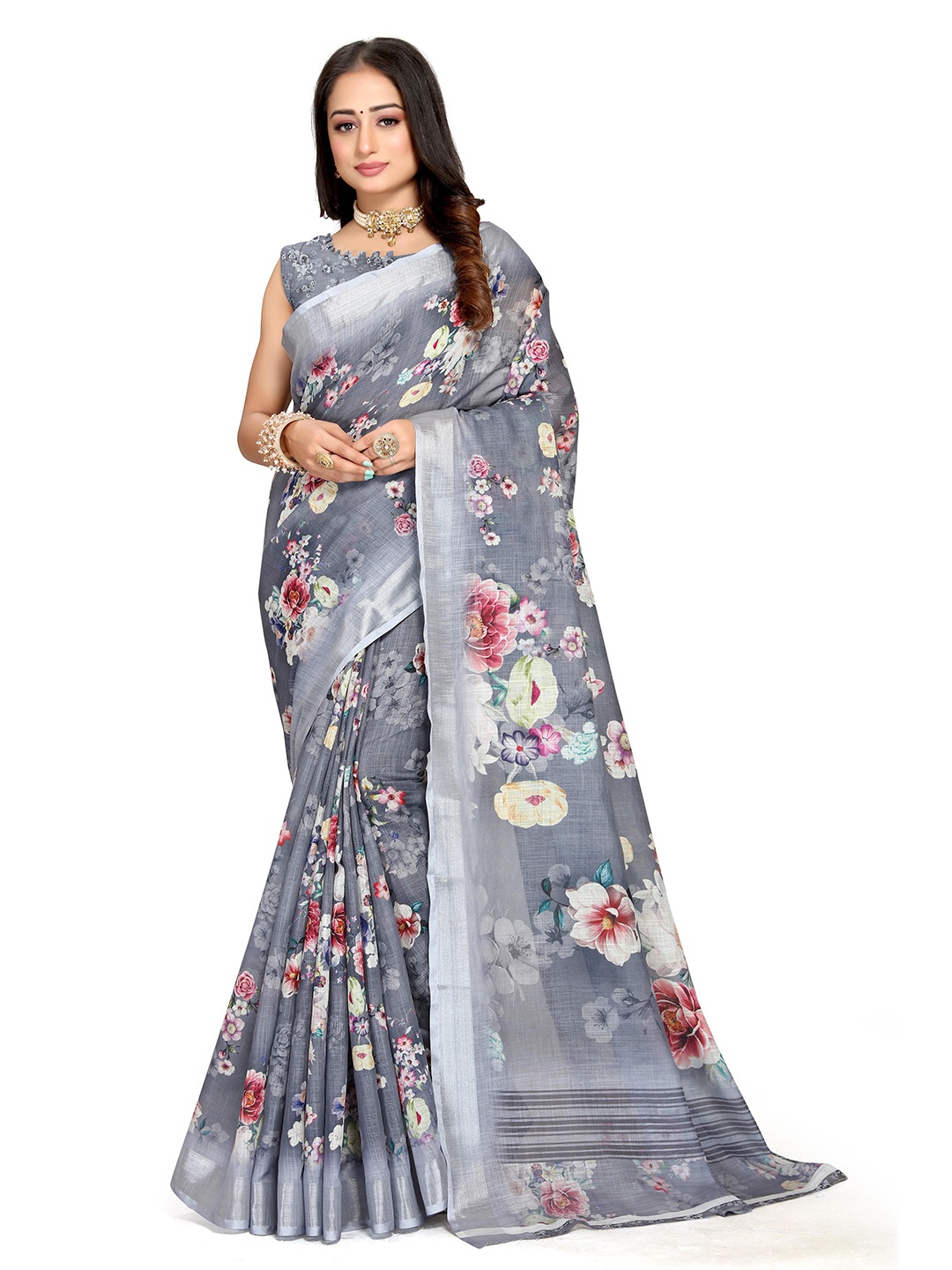 

Mitera Floral Printed Zari Linen Saree, Grey