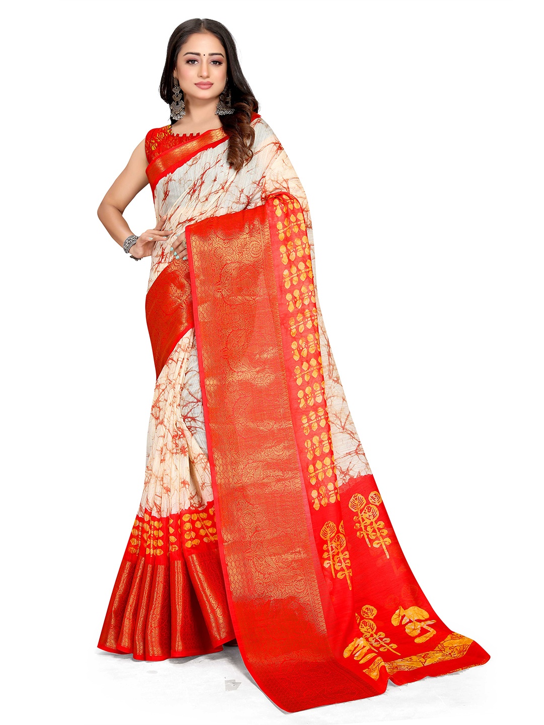 

Mitera Abstract printed Zari Cotton Saree, Cream