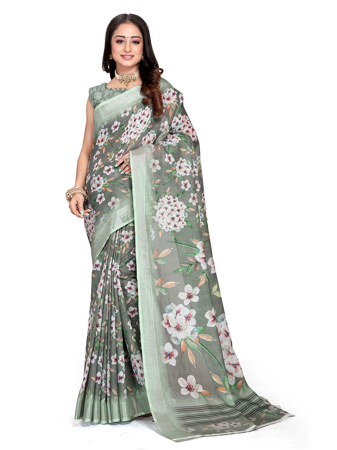 

Mitera Floral Printed Zari Saree, Green