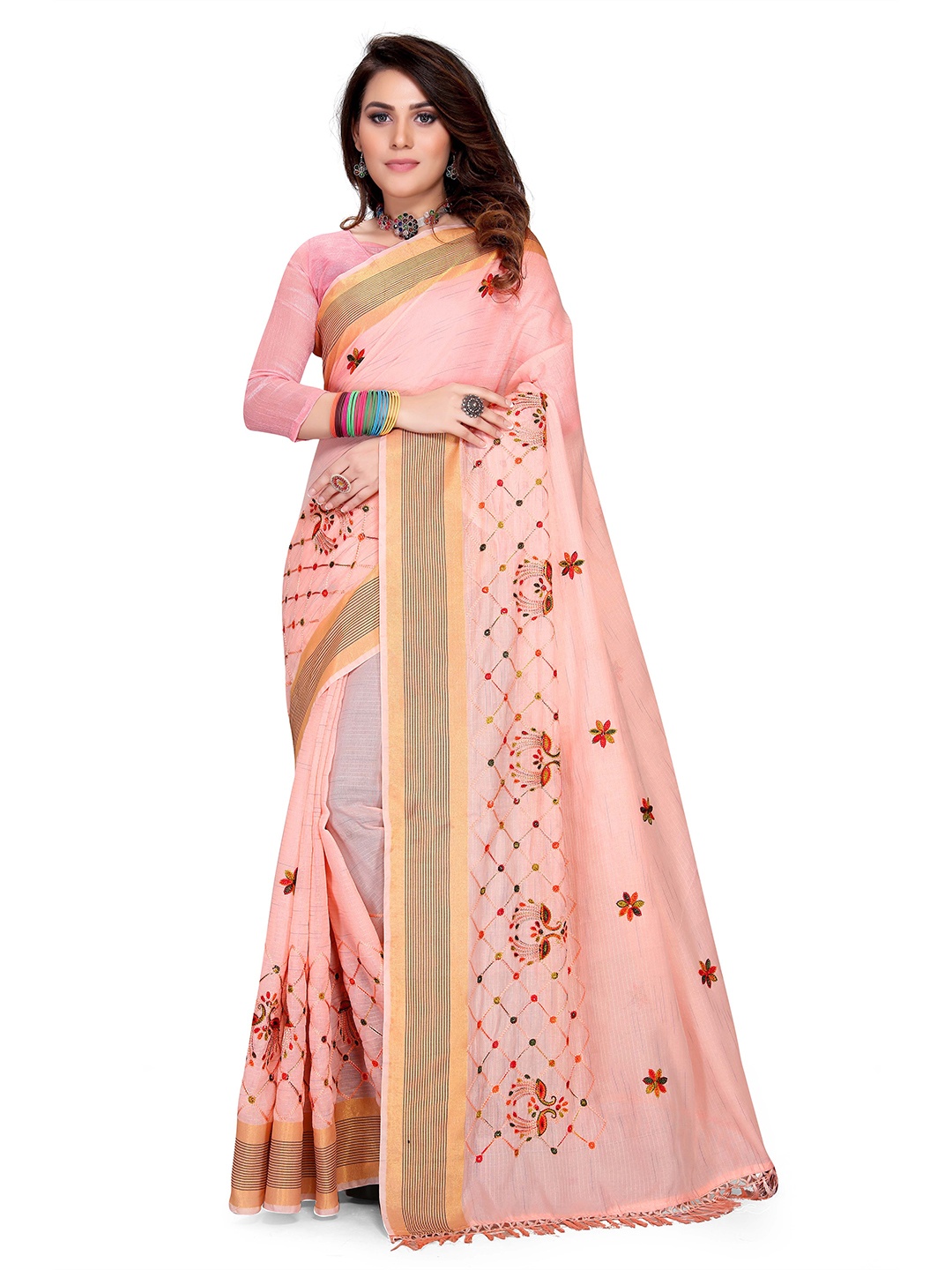 

Mitera Ethnic Motifs Embroidered Cotton Blend Saree, Peach