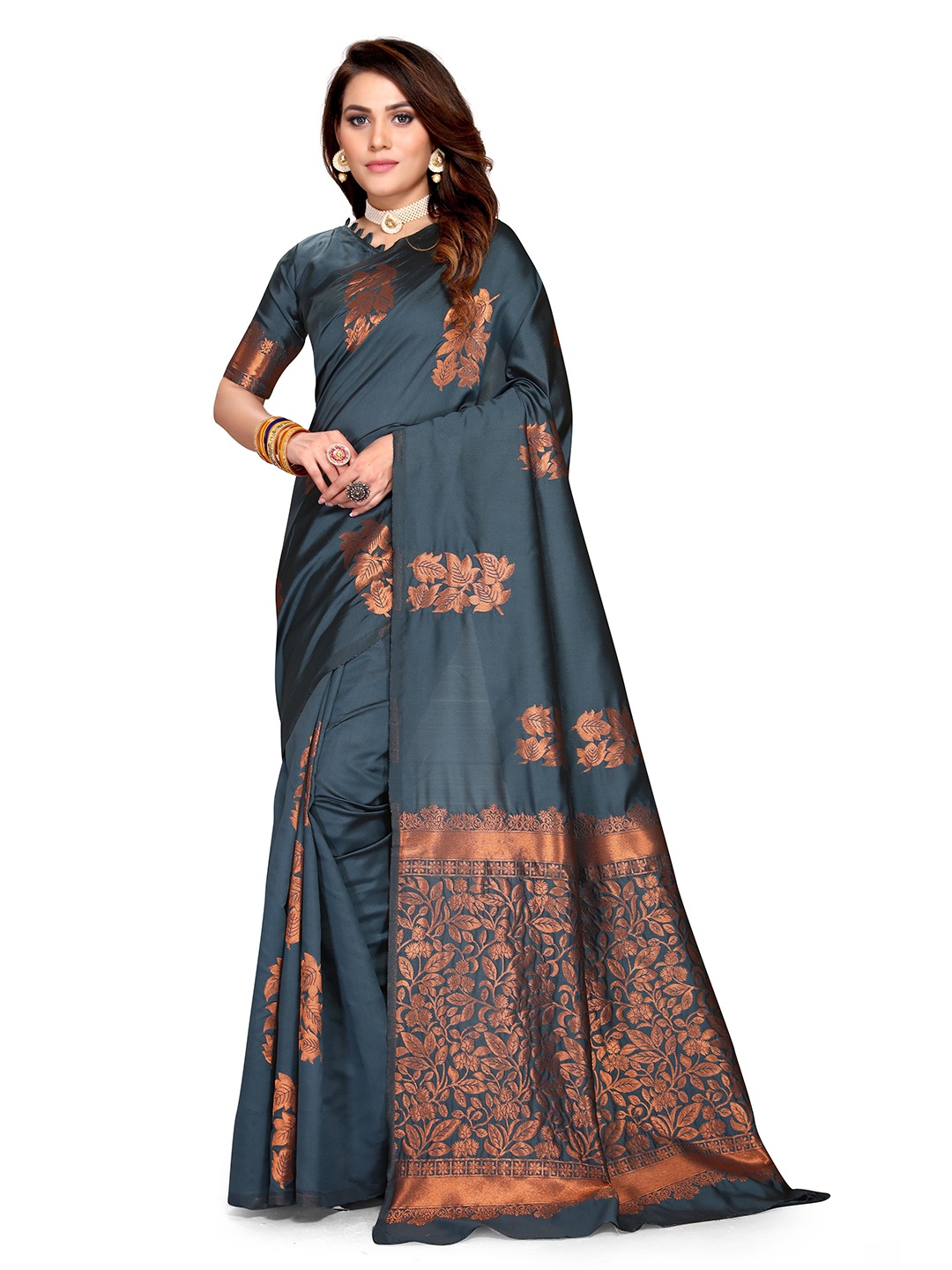

Mitera Floral Motif Woven Design Zari Saree, Grey