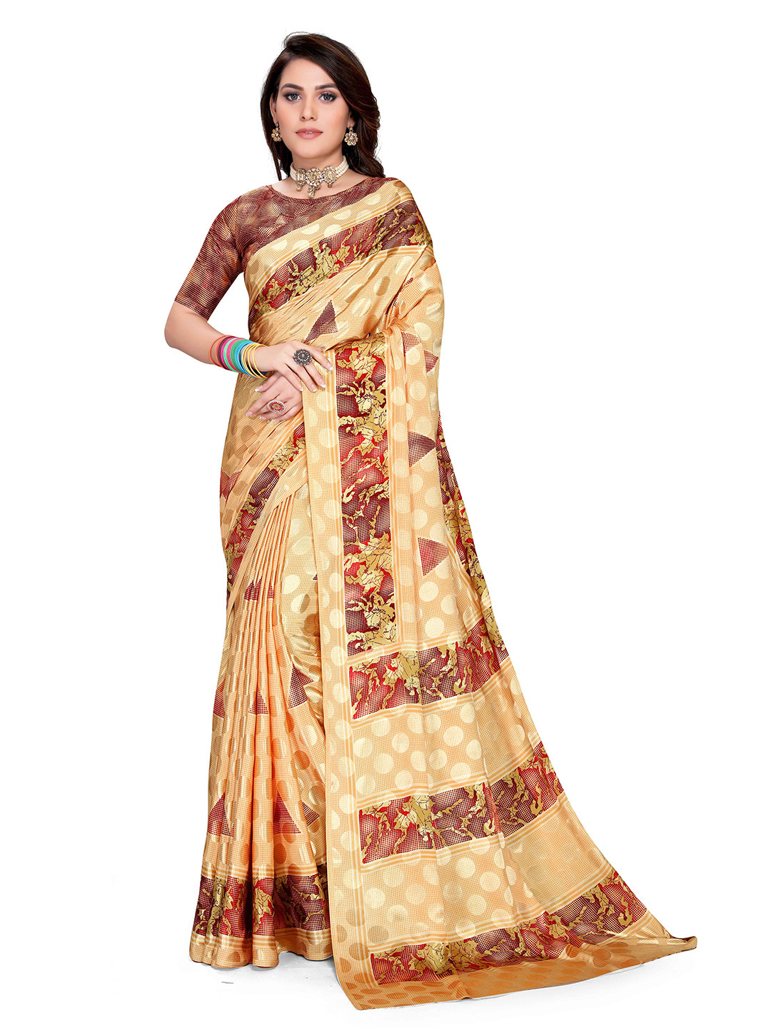 

Mitera Geometric Printed Silk Saree, Cream