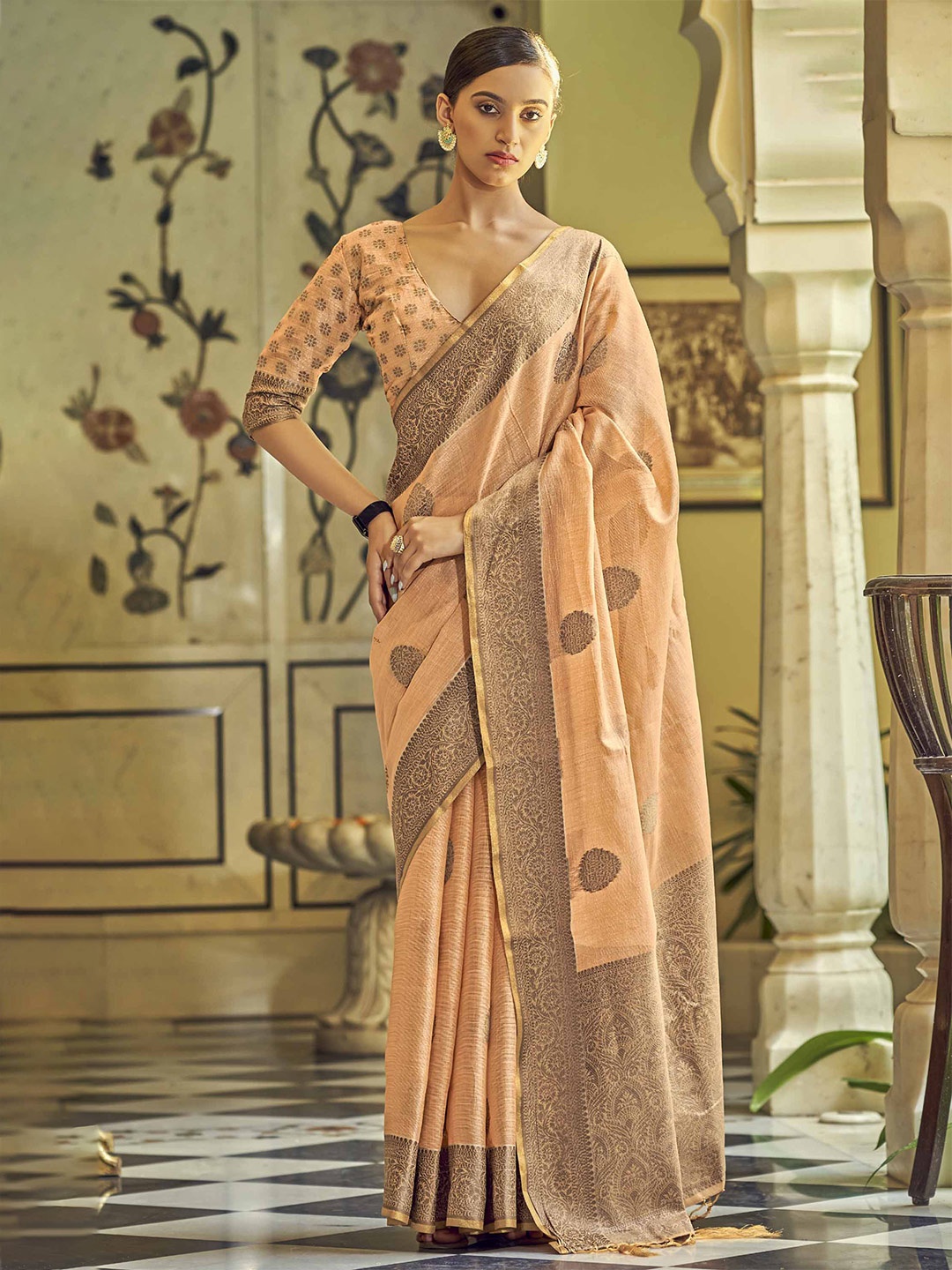 

Anouk Ethnic Motifs Woven Design Zari Linen Blend Saree, Rust