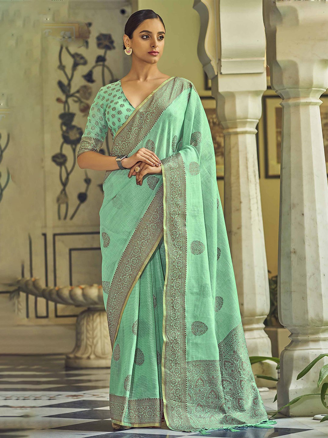 

Anouk Ethnic Motifs Woven Design Zari Saree, Sea green