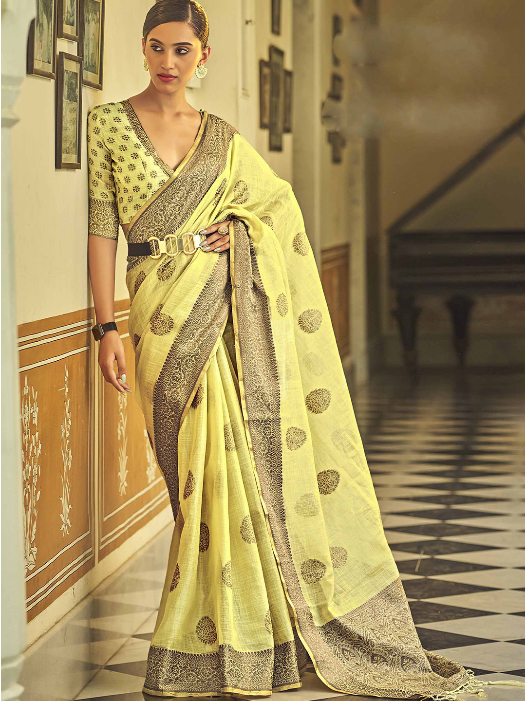 

Anouk Ethnic Motifs Woven Design Zari Saree, Yellow