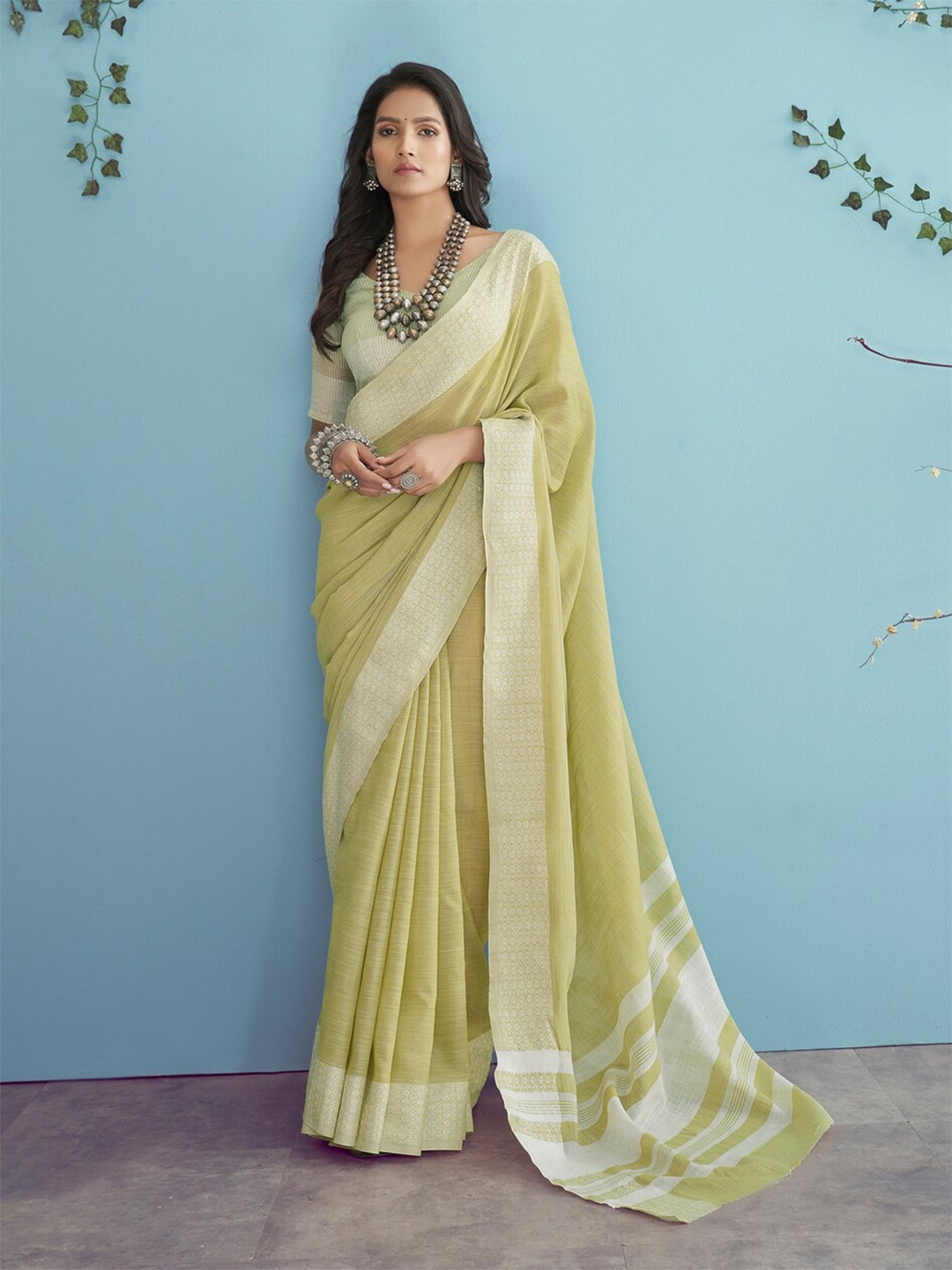

Anouk Woven Design Border Zari Saree, Lime green