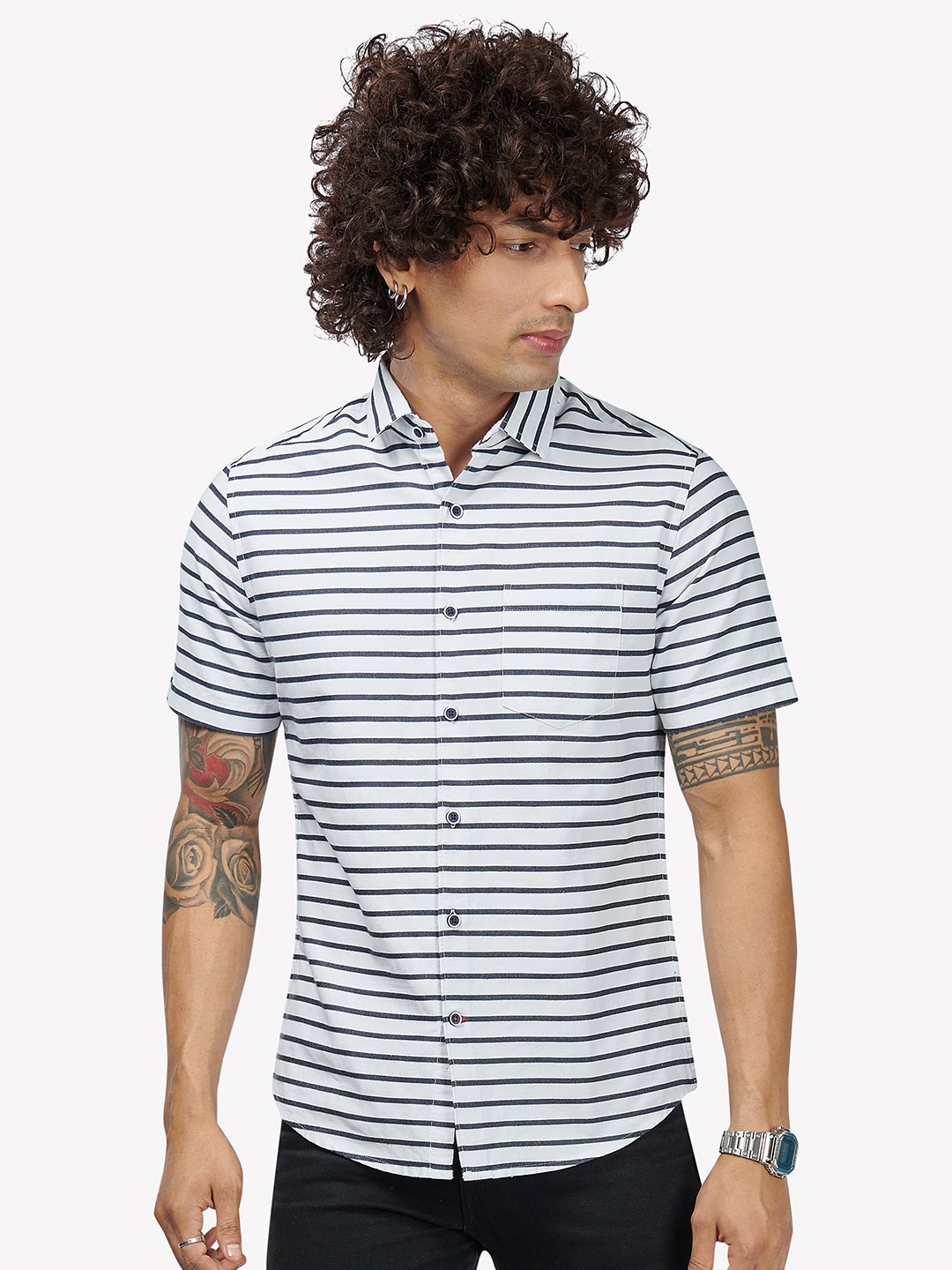 

VASTRADO Horizontal Stripes Cotton Casual Shirt, White