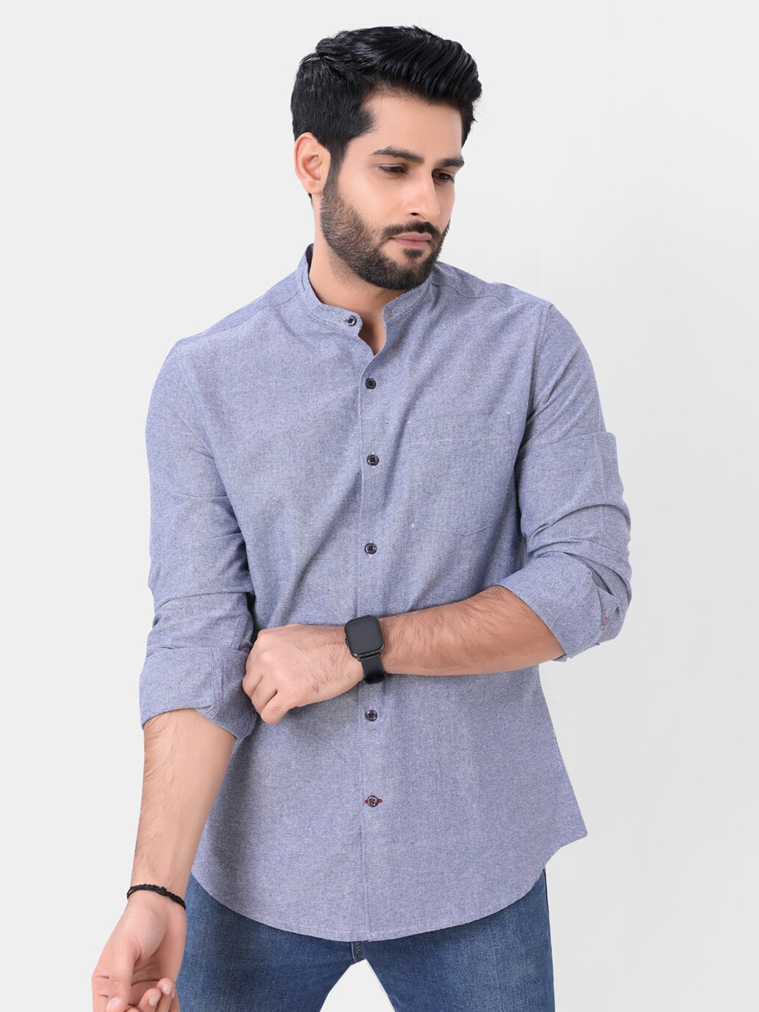 

VASTRADO Mandarin Collar Long Sleeves Cotton Casual Shirt, Blue