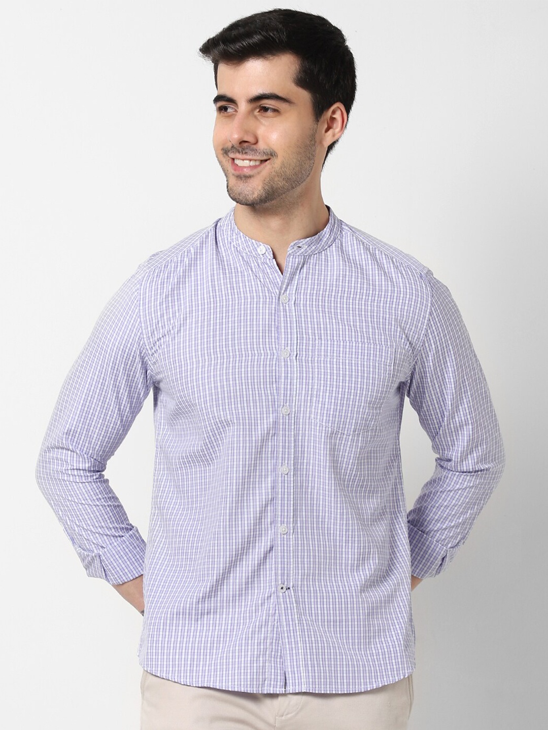 

VASTRADO Micro Checks Mandarin Collar Cotton Casual Shirt, Blue