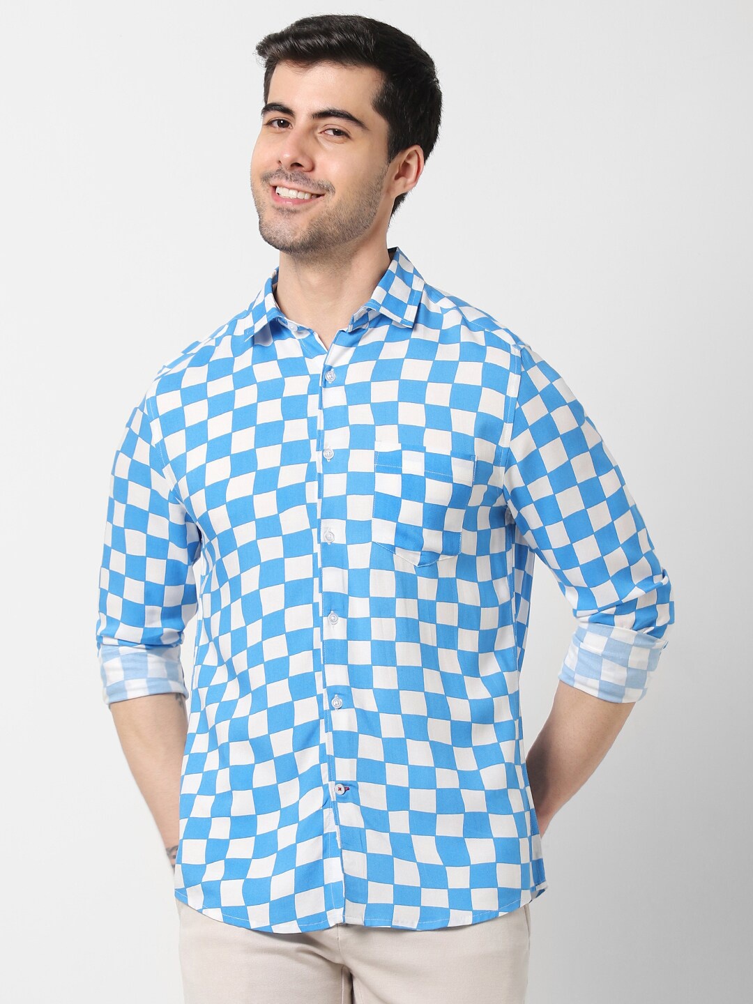 

VASTRADO Gingham Checked Long Sleeves Cotton Casual Shirt, Blue