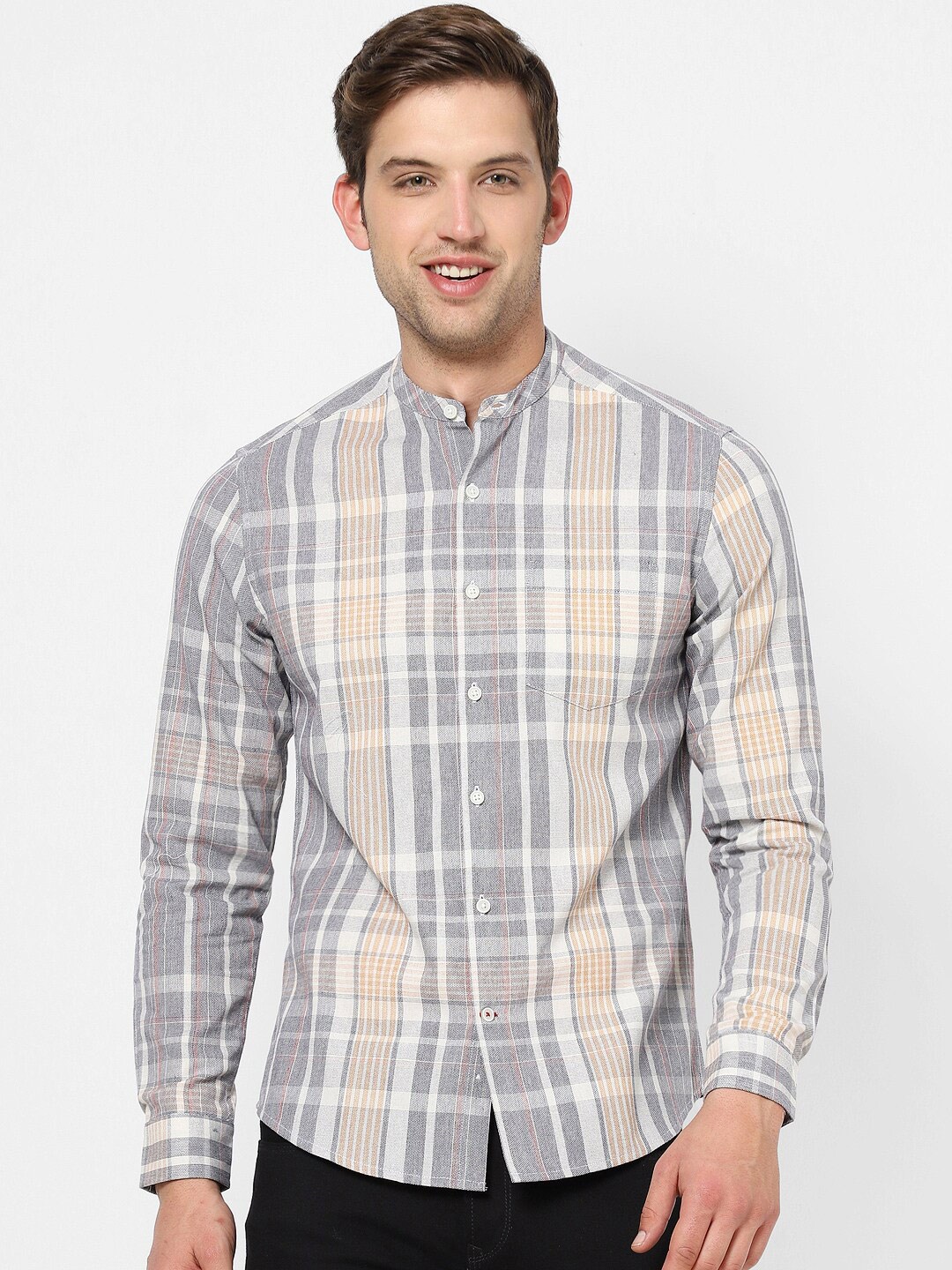 

VASTRADO Checked Mandarin Collar Long Sleeves Cotton Casual Shirt, Grey