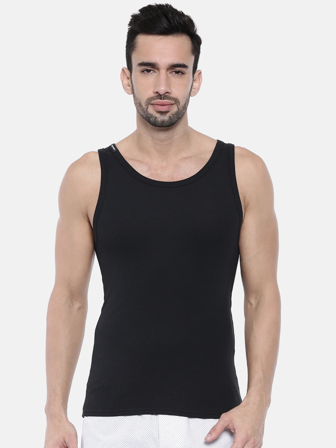 

Jack & Jones Men Black Solid Ribbed Innerwear Vest 1955229016