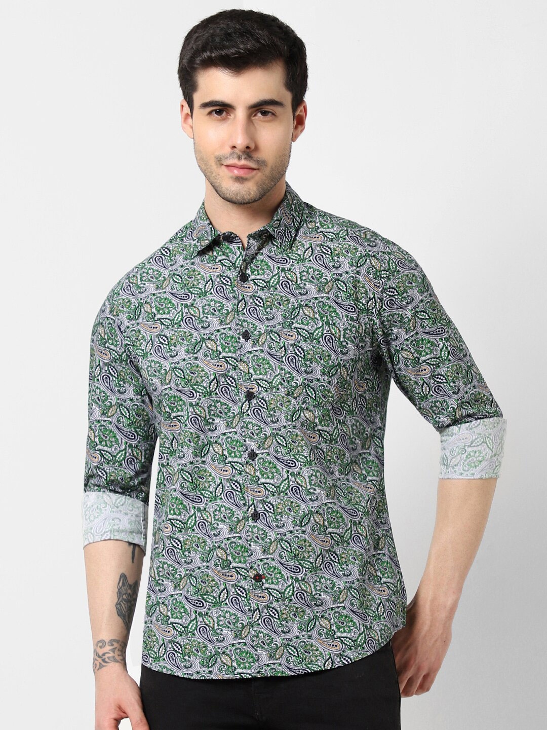 

VASTRADO Ethnic Motifs Printed Long Sleeves Cotton Casual Shirt, Green