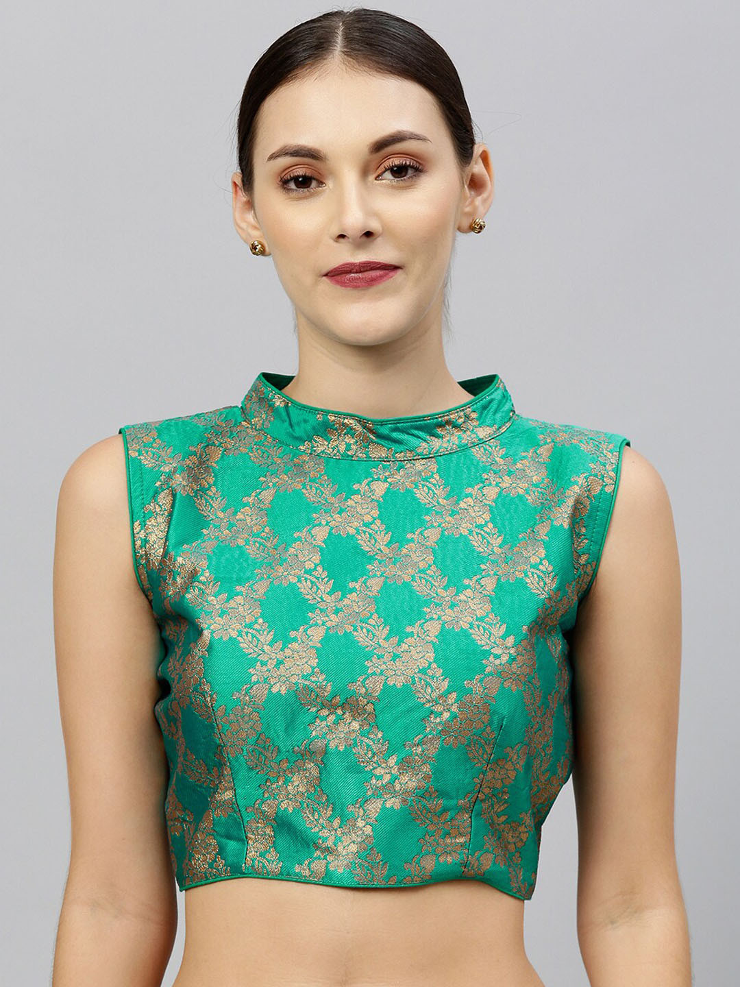 

Amrutam Fab Woven Design Mandarin Collar Brocade Saree Blouse, Green