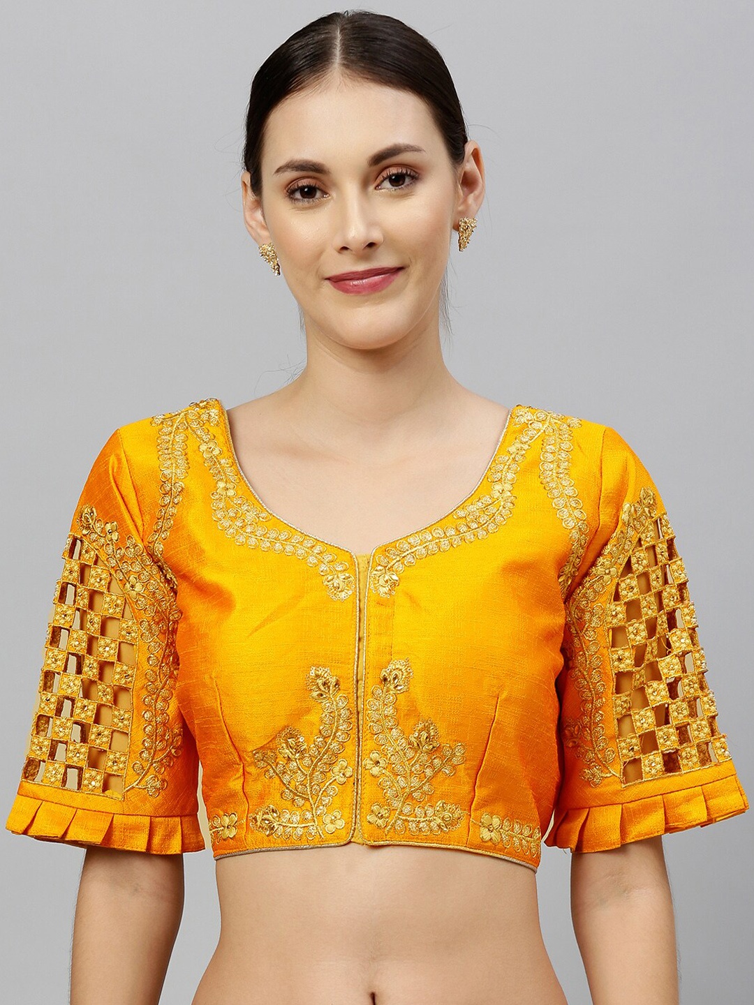 

Amrutam Fab Embroidered Round Neck Phantom Silk Saree Blouse, Yellow