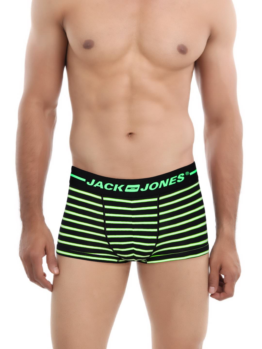 

Jack & Jones Black & Fluorescent Green Striped BRAZILIAN Trunks 1953868001