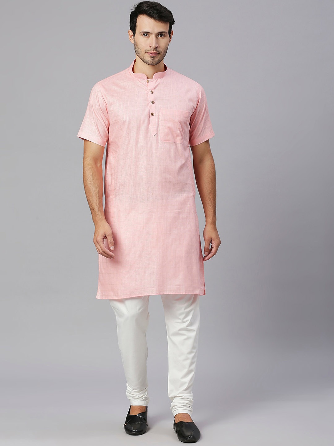 

RAJUBHAI HARGOVINDAS Checked Mandarin Collar Cotton Pastels Kurta, Pink