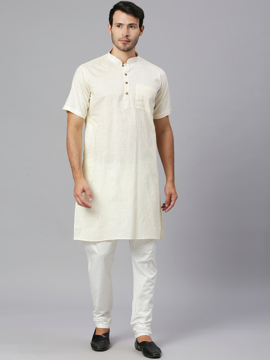 

RAJUBHAI HARGOVINDAS Checked Mandarin Collar Cotton Pastels Kurta, Off white