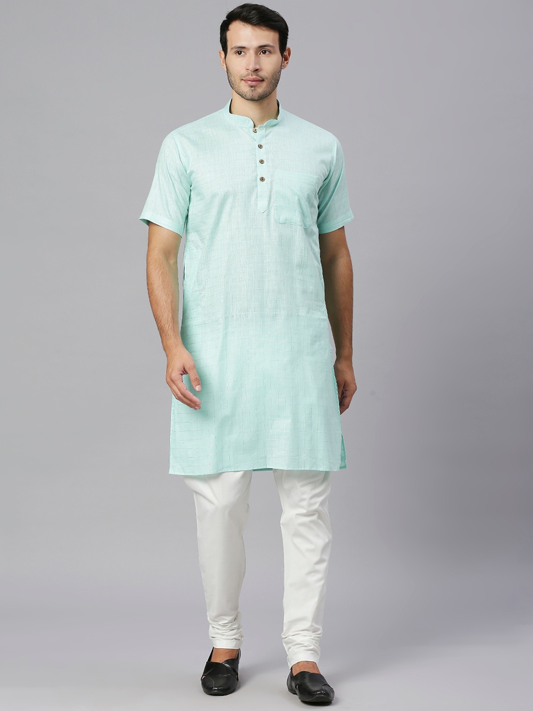 

RAJUBHAI HARGOVINDAS Checked Mandarin Collar Cotton Pastels Kurta, Sea green