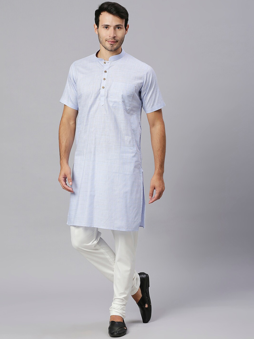 

RAJUBHAI HARGOVINDAS Checked Mandarin Collar Cotton Pastels Kurta, Blue