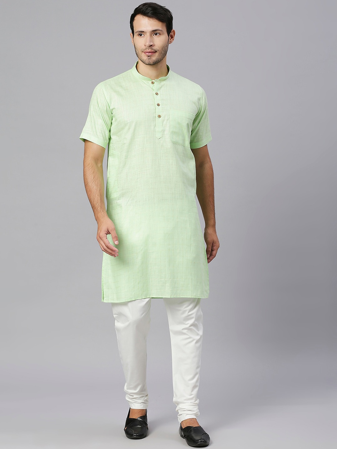 

RAJUBHAI HARGOVINDAS Checked Mandarin Collar Cotton Pastels Kurta, Green