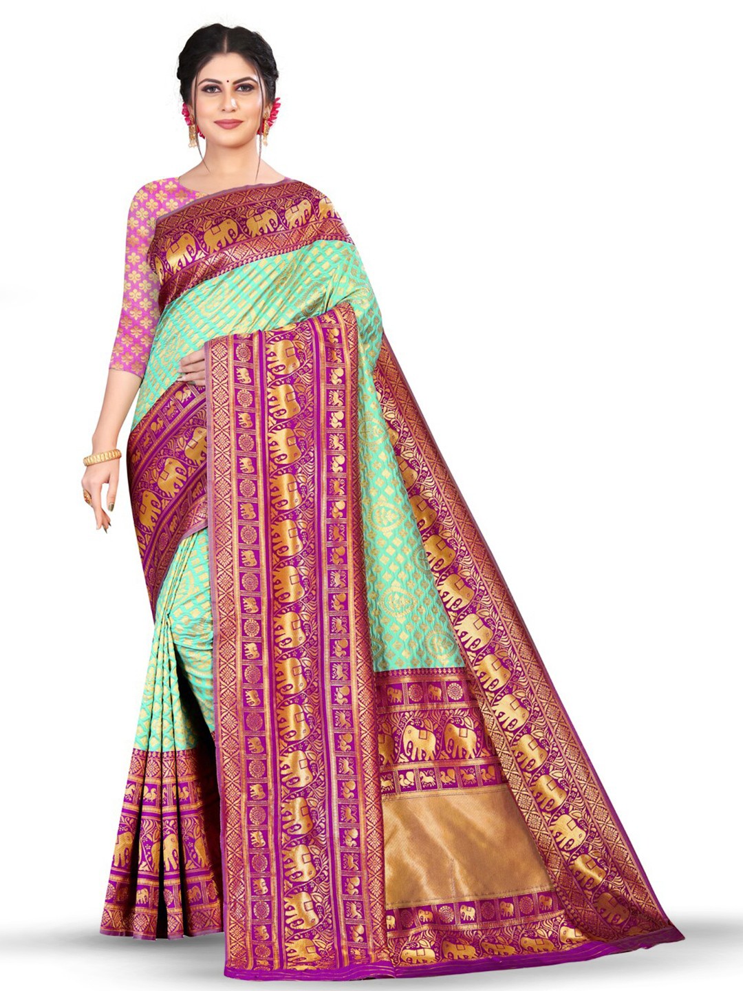 

ZEEPKART Ethnic Motifs Woven Design Zari Kanjeevaram Saree, Green