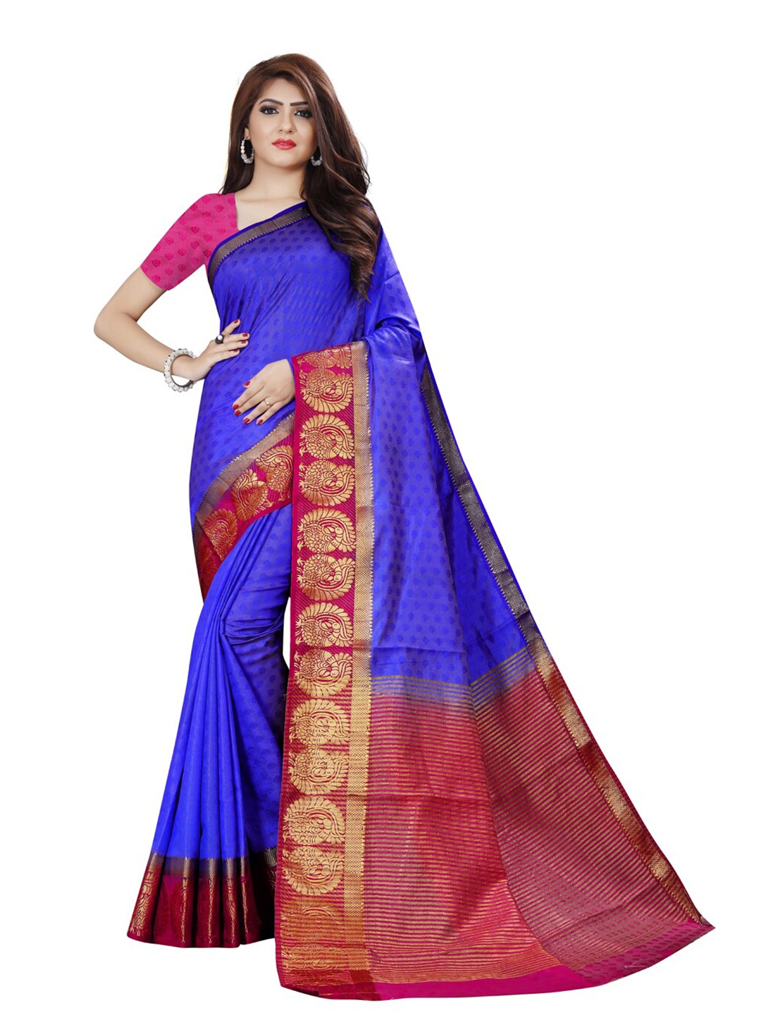 

ZEEPKART Ethnic Motifs Printed Woven Design Zari Kanjeevaram Saree, Blue