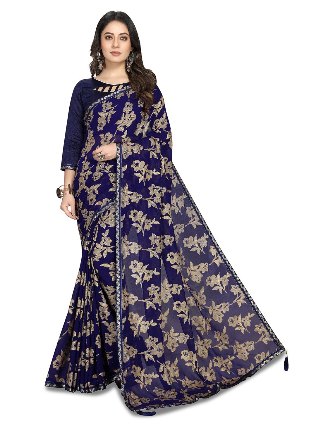 

ZEEPKART Floral Embroidered Saree, Blue