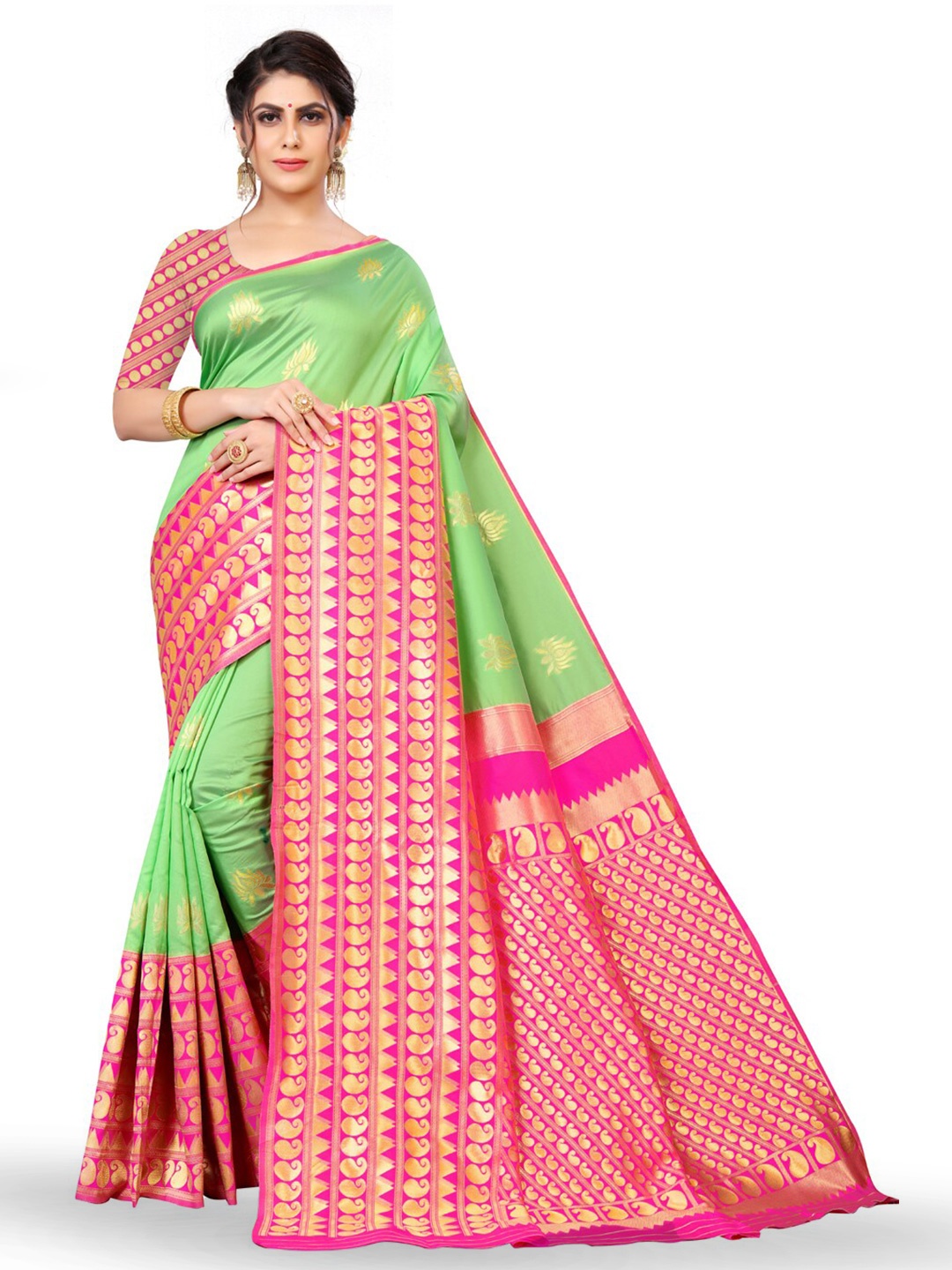 

ZEEPKART Ethnic Motifs Woven Design Zari Kanjeevaram Saree, Green