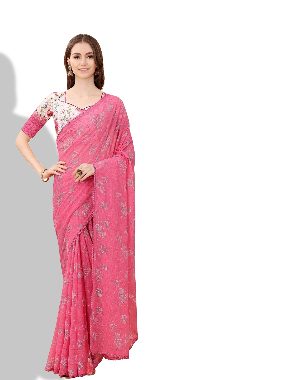 

ZEEPKART Floral Printed Kanjeevaram Saree, Pink