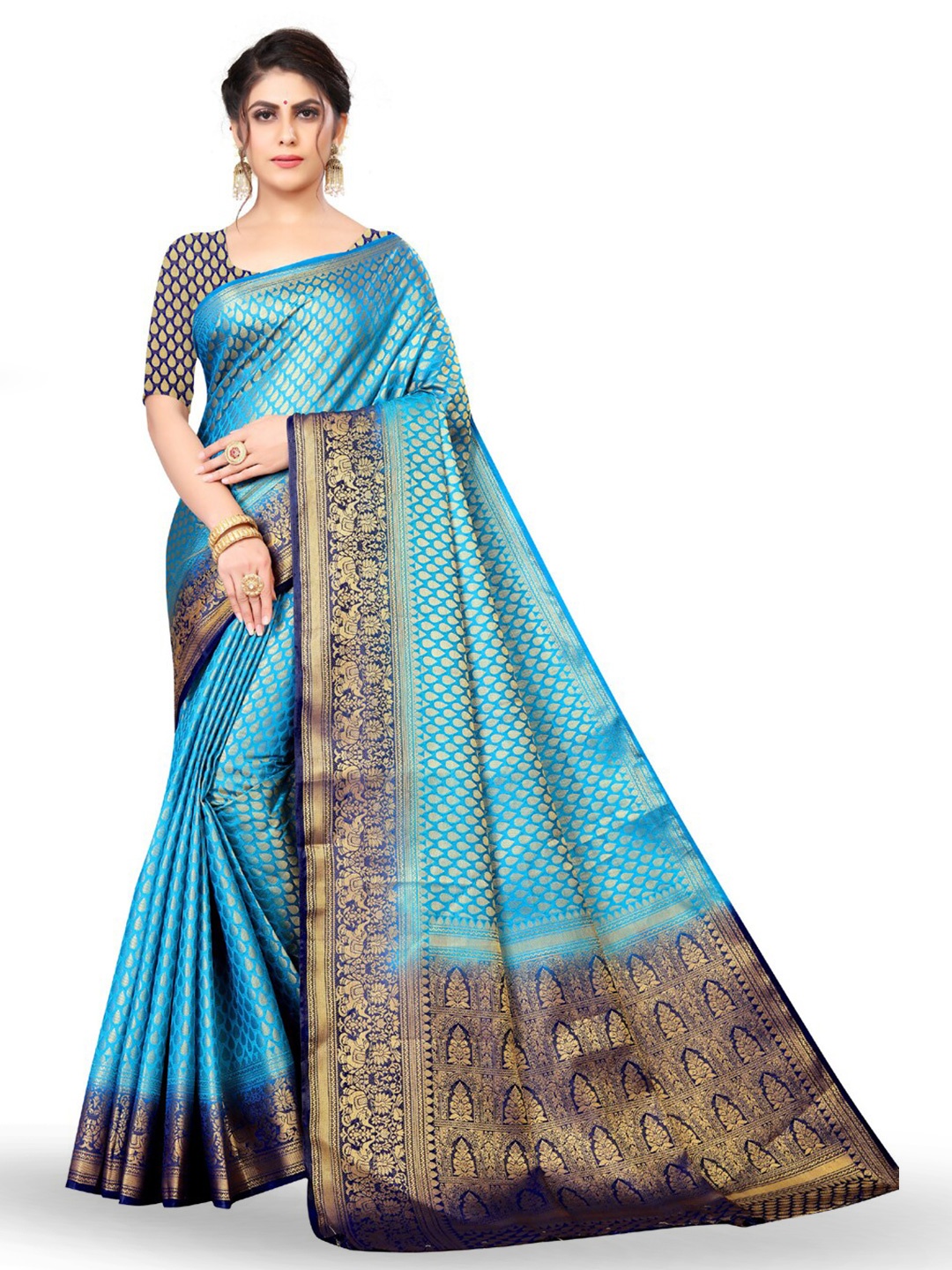 

ZEEPKART Ethnic Motifs Woven Design Zari Kanjeevaram Saree, Blue