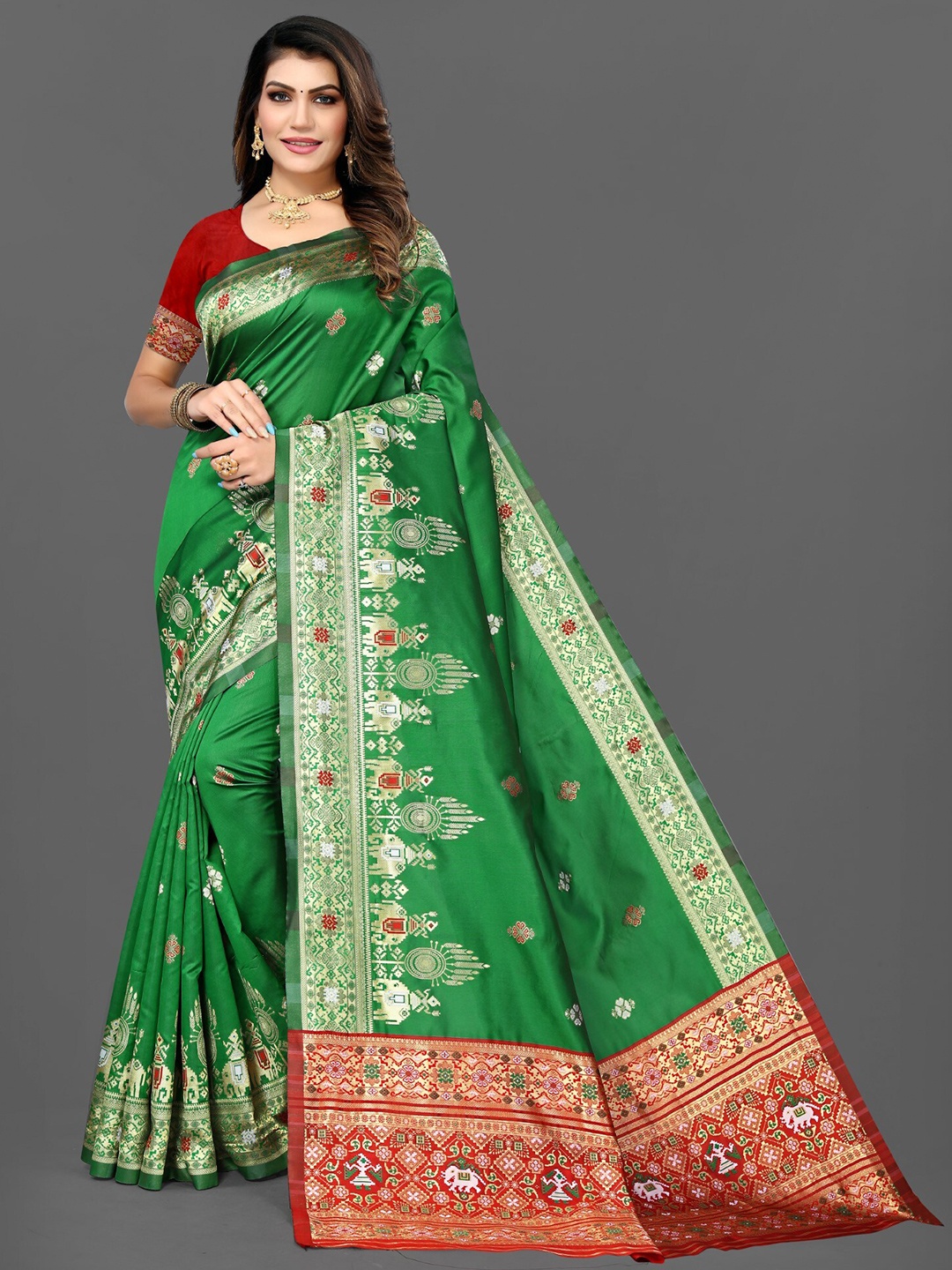 

ZEEPKART Ethnic Motif Woven Design Zari Kanjeevaram Saree, Green