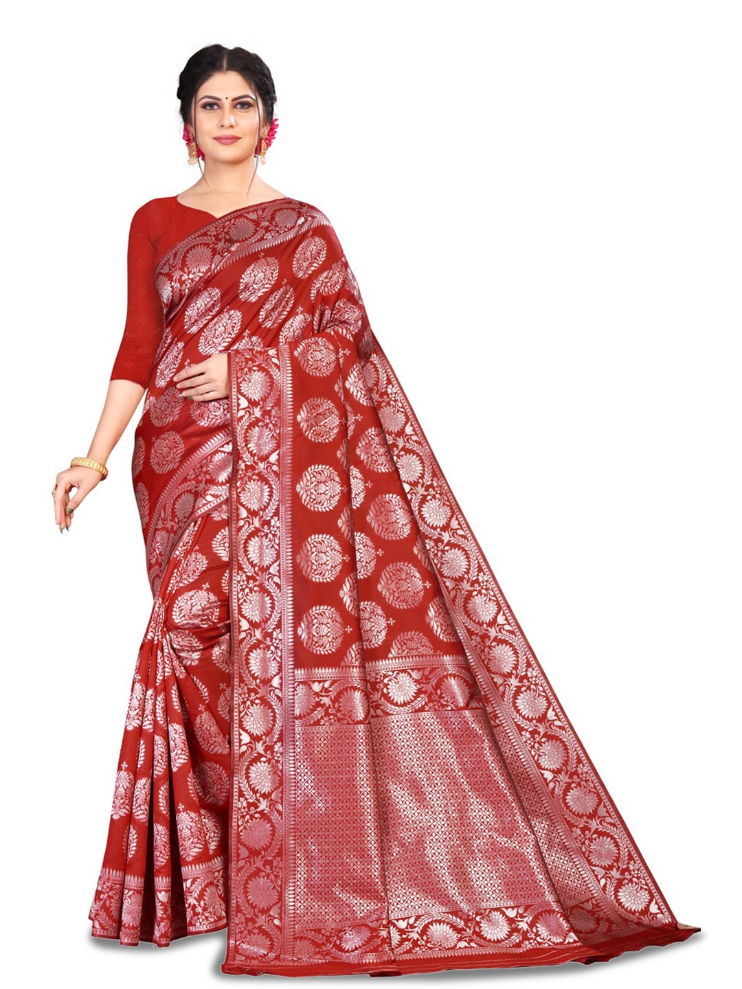 

ZEEPKART Ethnic Motifs Woven Design Poly Silk Kanjeevaram Saree, Red