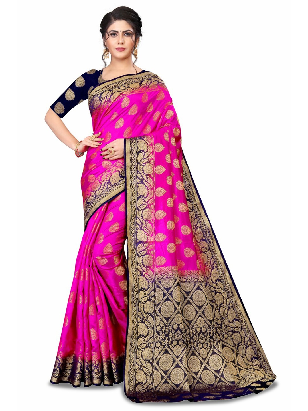 

ZEEPKART Ethnic Motif Poly Silk Kanjeevaram Zari Saree, Pink