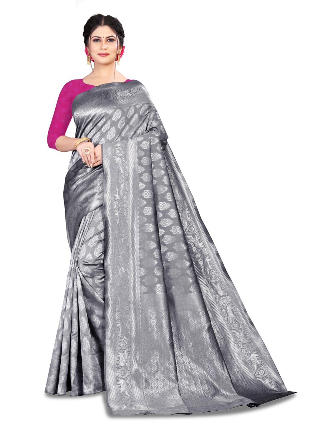 

ZEEPKART Ethnic Motifs Woven Design Zari Kanjeevaram Saree, Grey