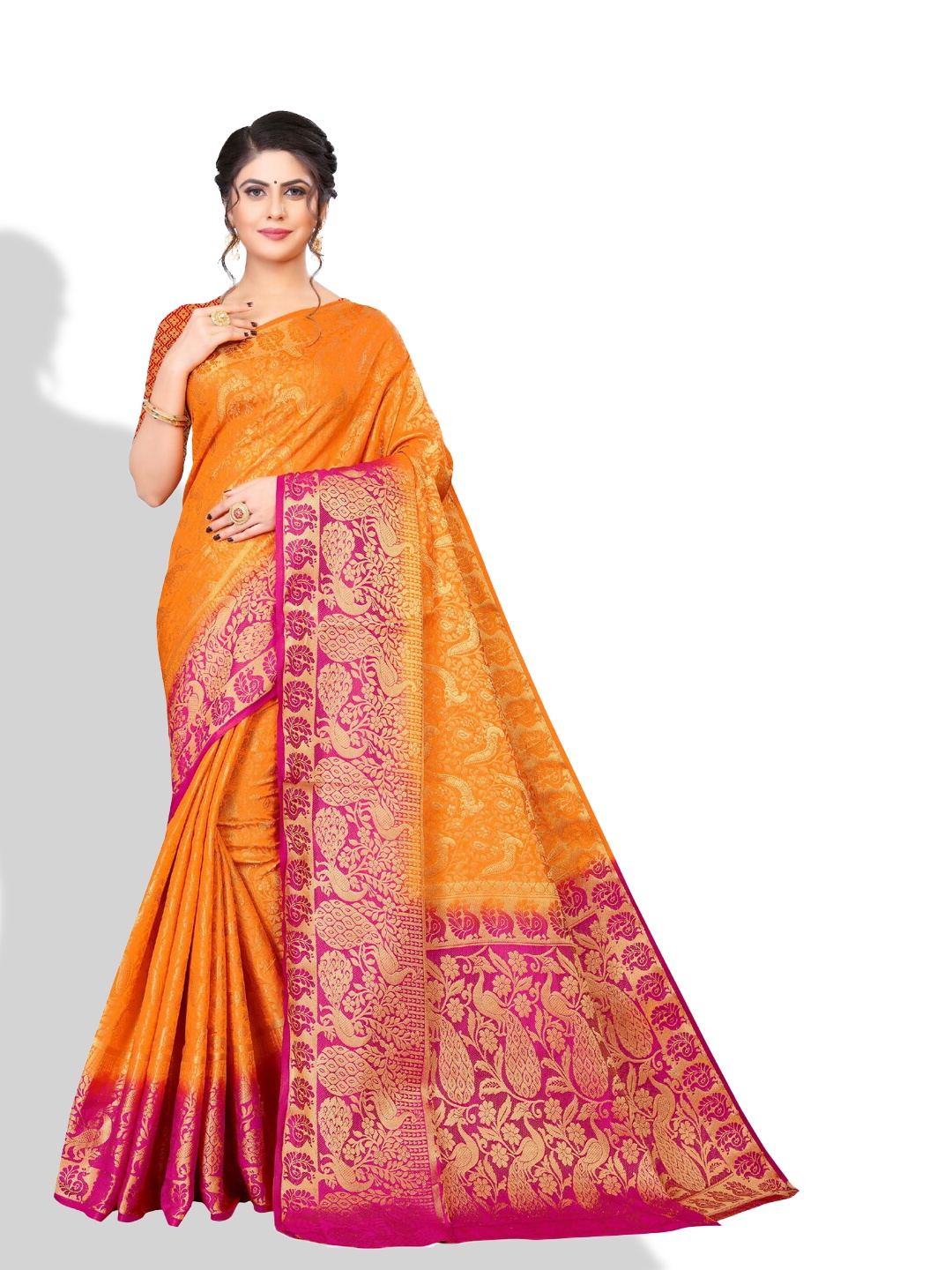 

ZEEPKART Ethnic Motifs Woven Design Zari Kanjeevaram Saree, Orange