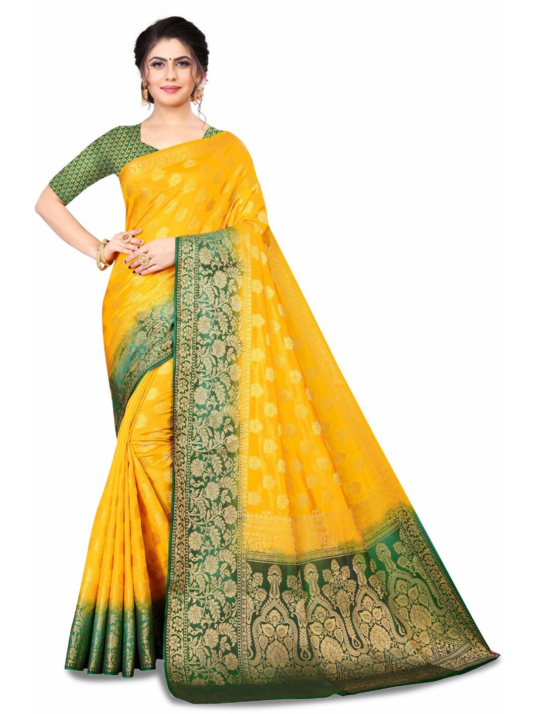 

ZEEPKART Woven Design Zari Kanjeevaram Saree, Yellow