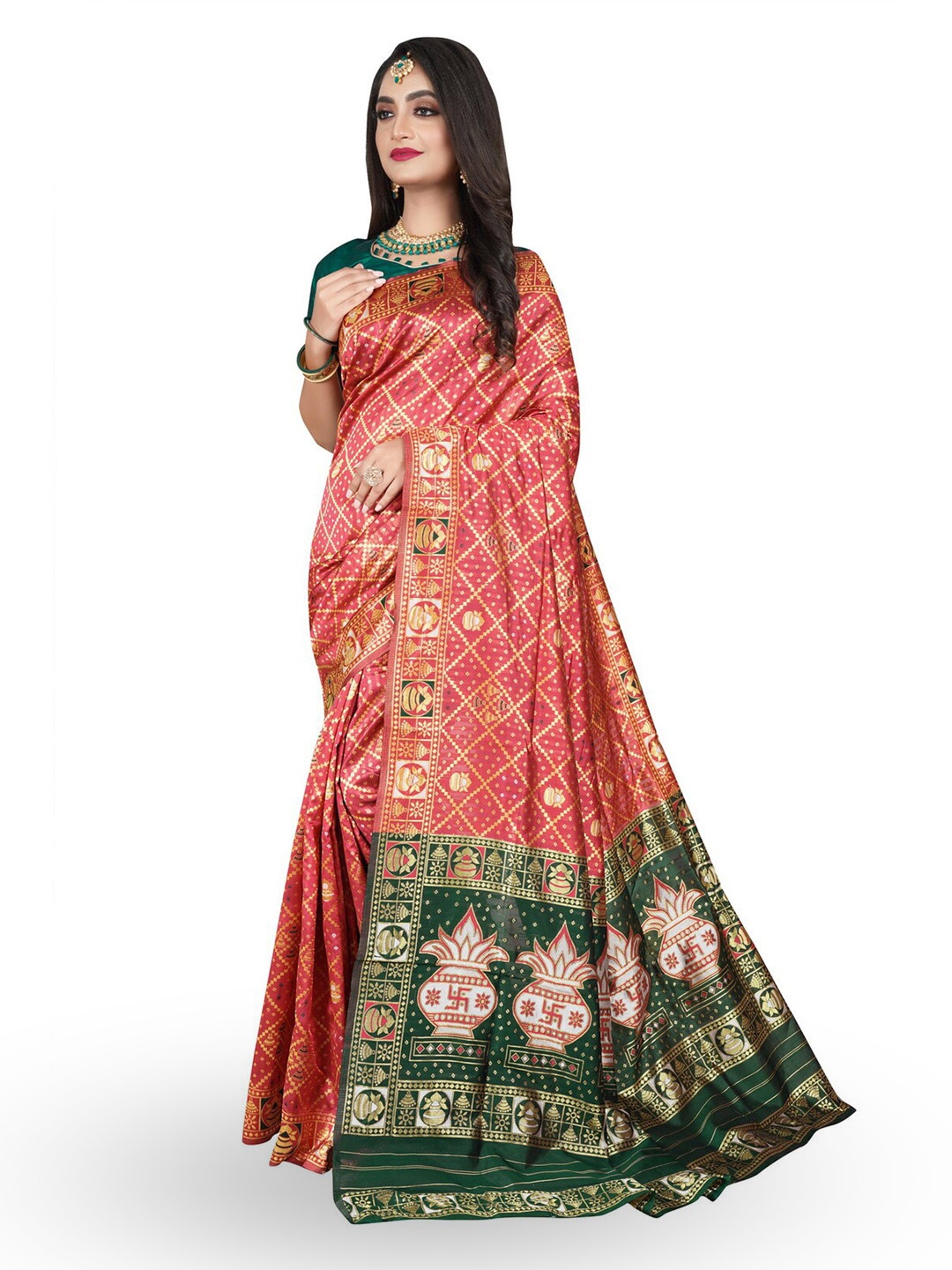 

ZEEPKART Ethnic Motifs Printed Woven Design Zari Kanjeevaram Saree, Pink