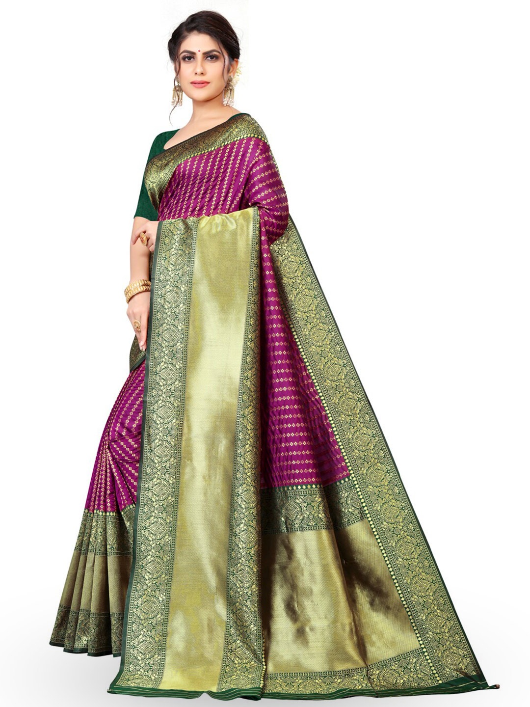 

ZEEPKART Ethnic Motifs Woven Design Poly Silk Kanjeevaram Saree, Purple