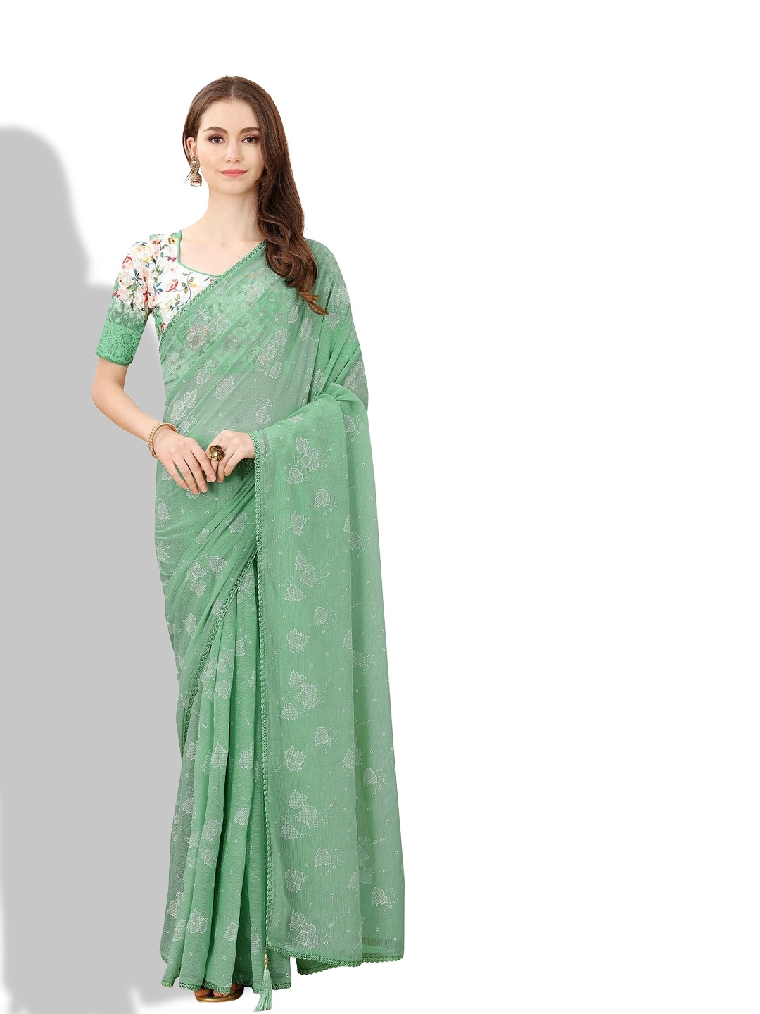 

ZEEPKART Floral Printed Embroidered Border Saree, Green