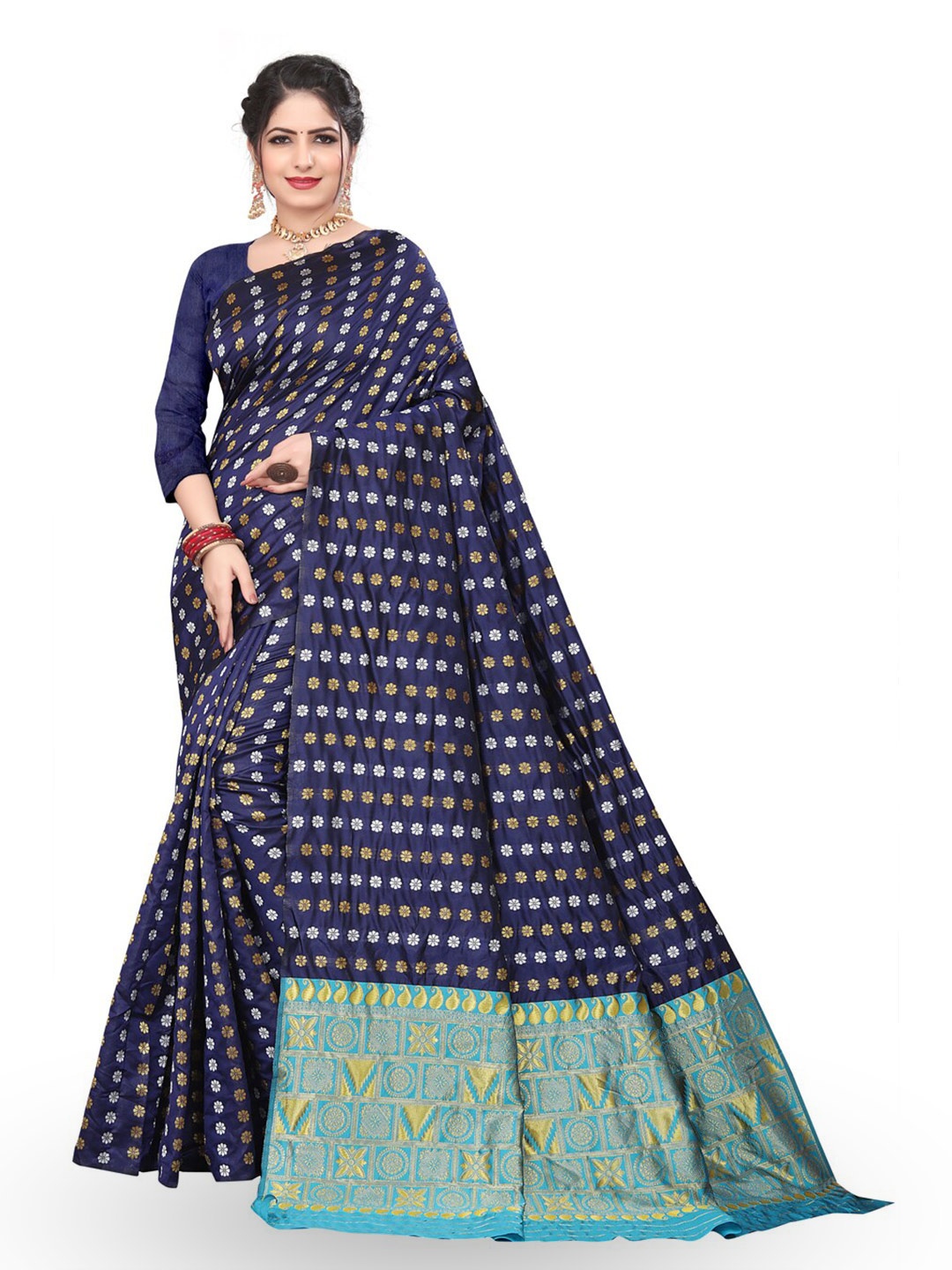 

ZEEPKART Floral Woven Design Zari Kanjeevaram Saree, Navy blue