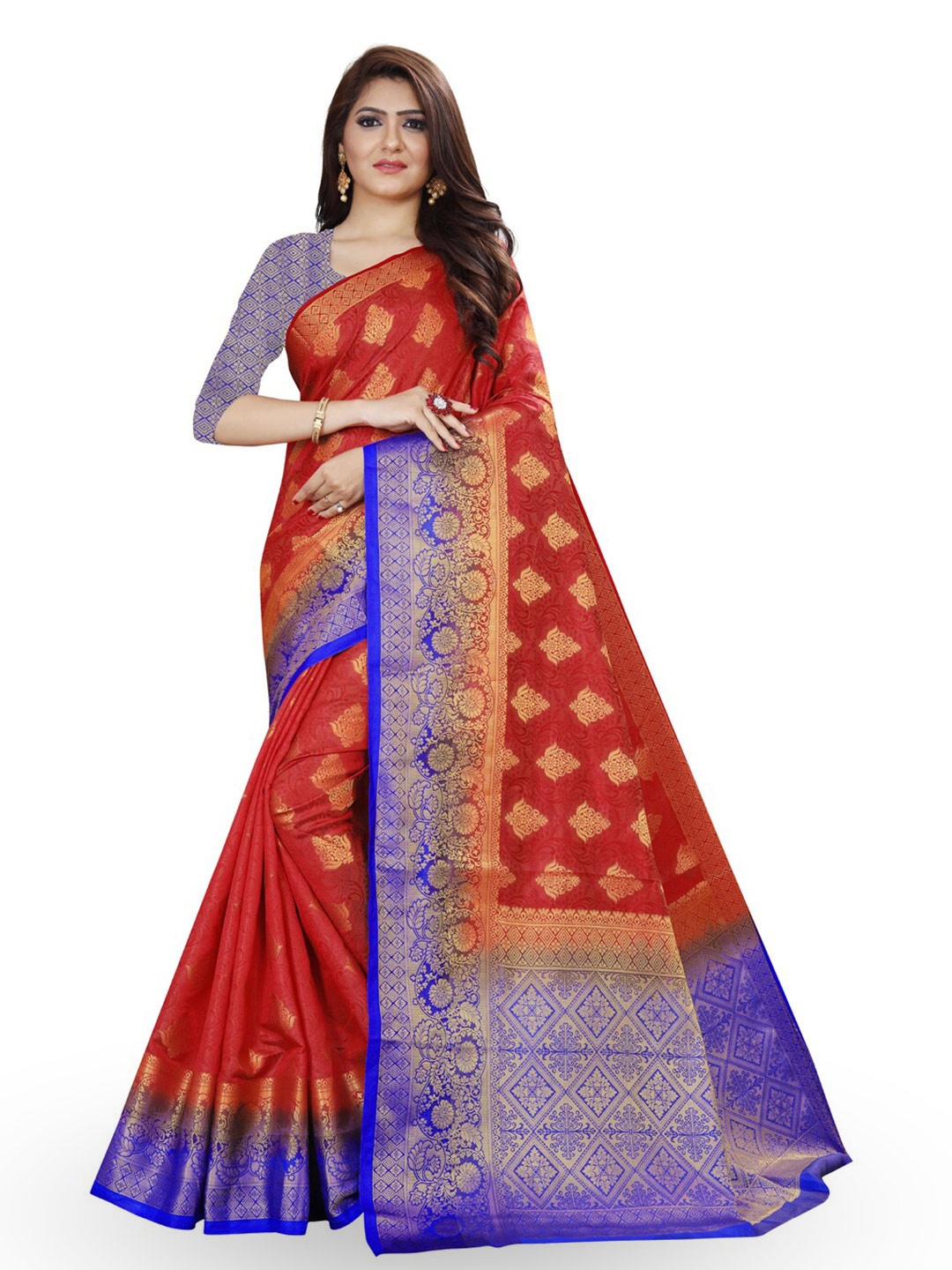 

ZEEPKART Ethnic Motifs Woven Design Zari Kanjeevaram Saree, Red